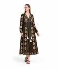 Black Floral Midi Dress, Long Sleeve Boho Tassel Tie, Relaxed A-Line Chiffon Resort Wear