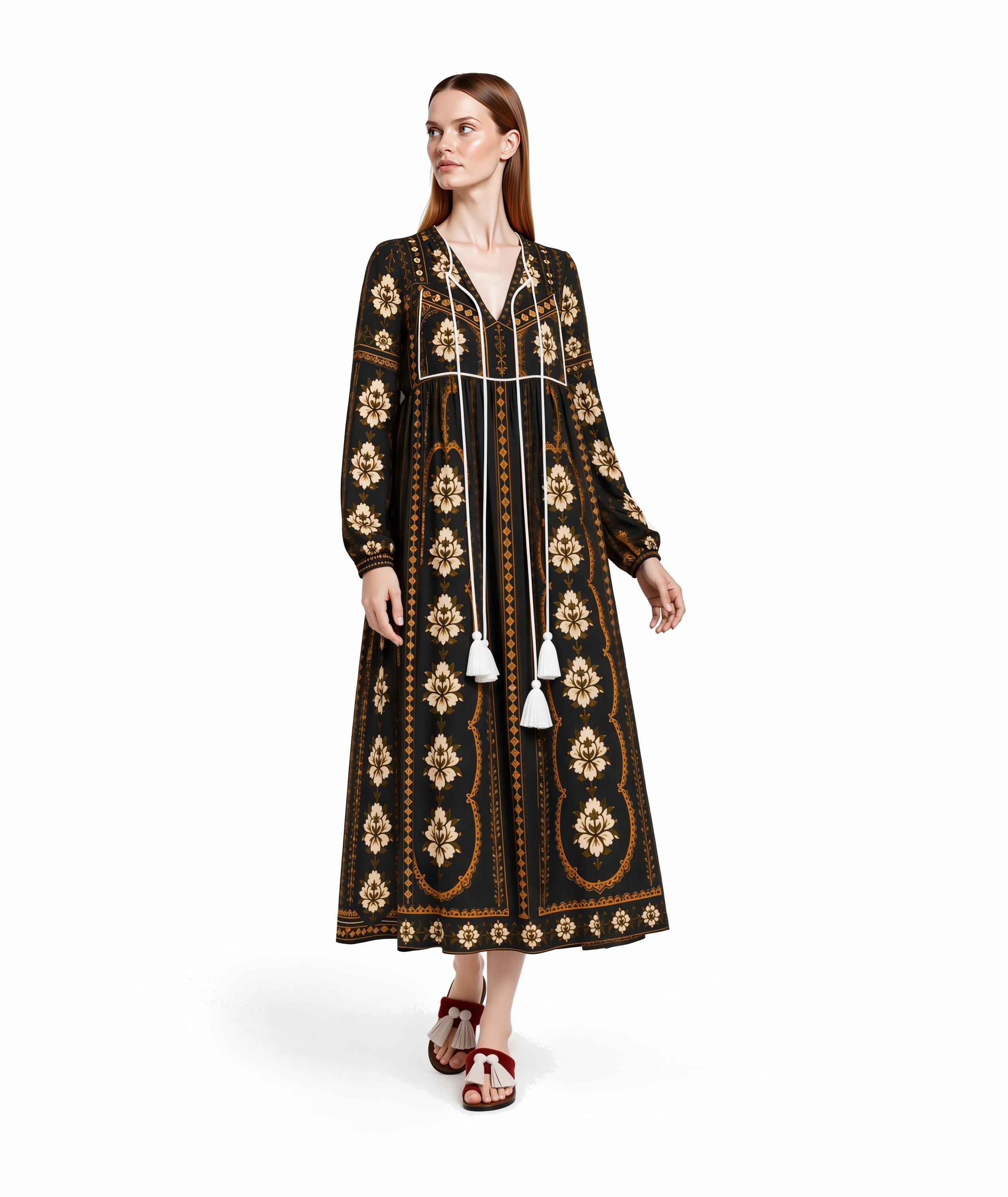 Black Floral Midi Dress, Long Sleeve Boho Tassel Tie, Relaxed A-Line Chiffon Resort Wear
