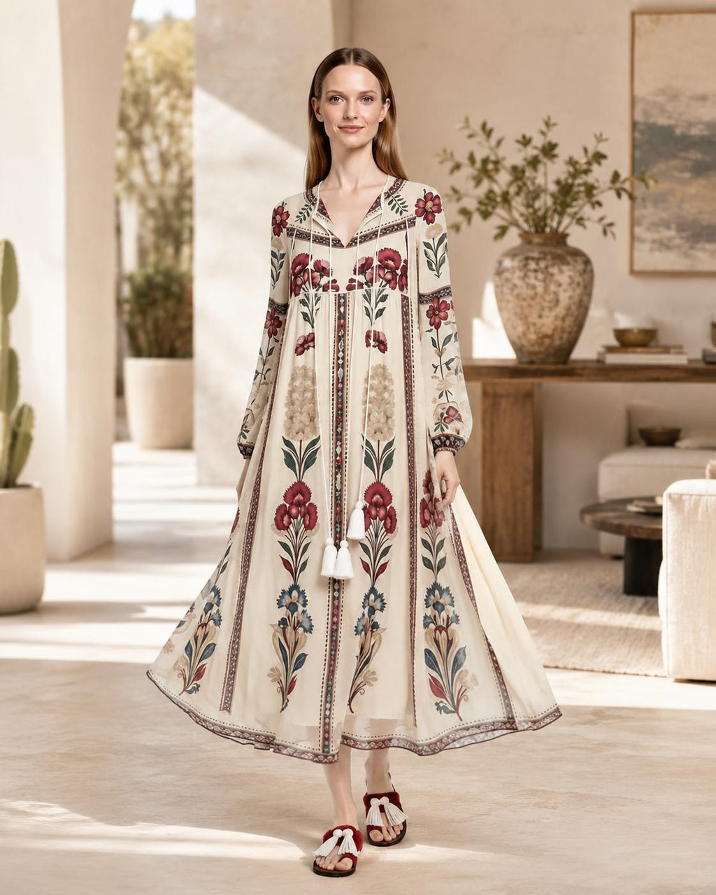 Ivory Floral Chiffon Midi Dress, Long Sleeve Tassel Tie Boho Resort Wear __etsy:8108460461