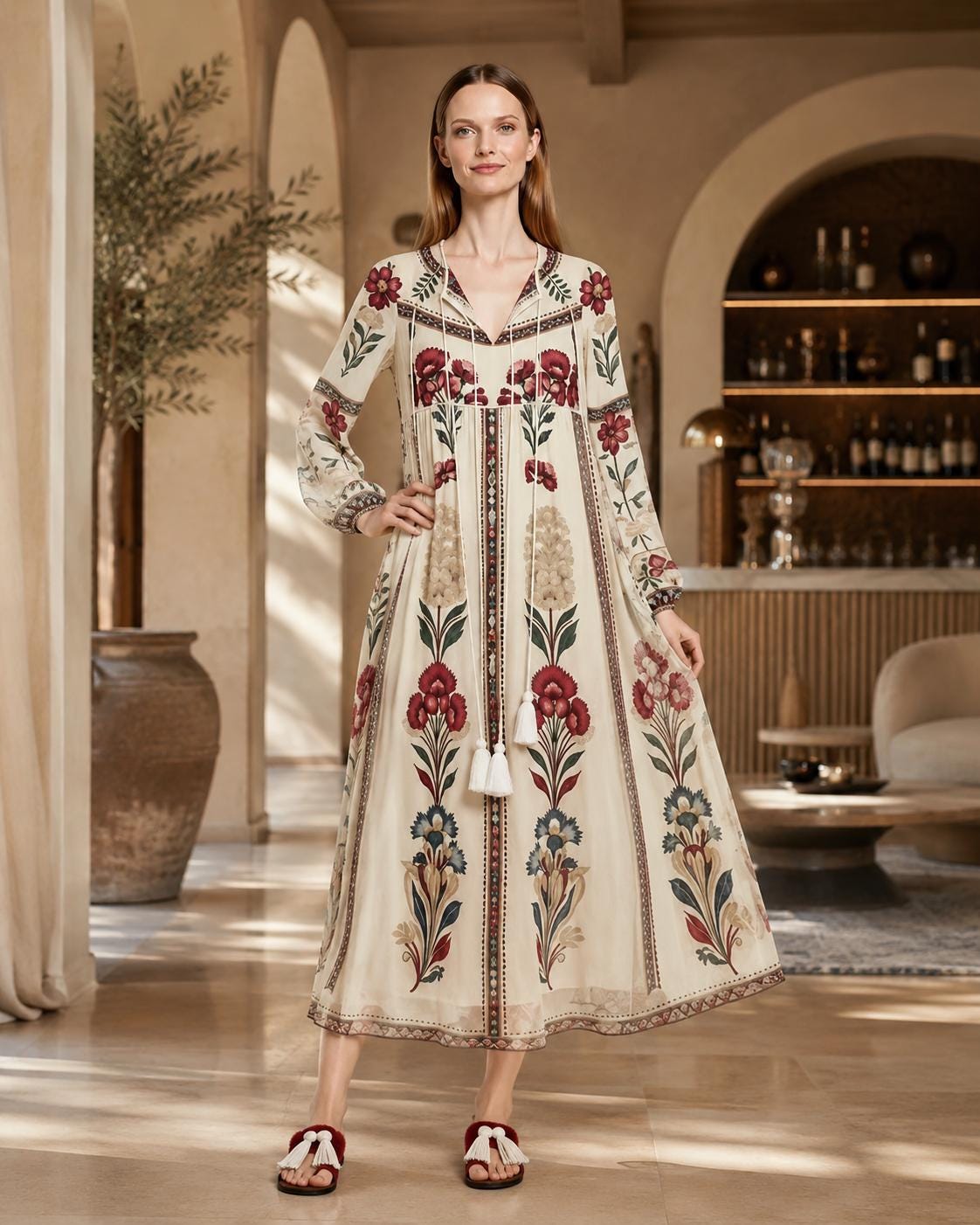 Ivory Floral Chiffon Midi Dress, Long Sleeve Tassel Tie Boho Resort Wear __etsy:8108460463