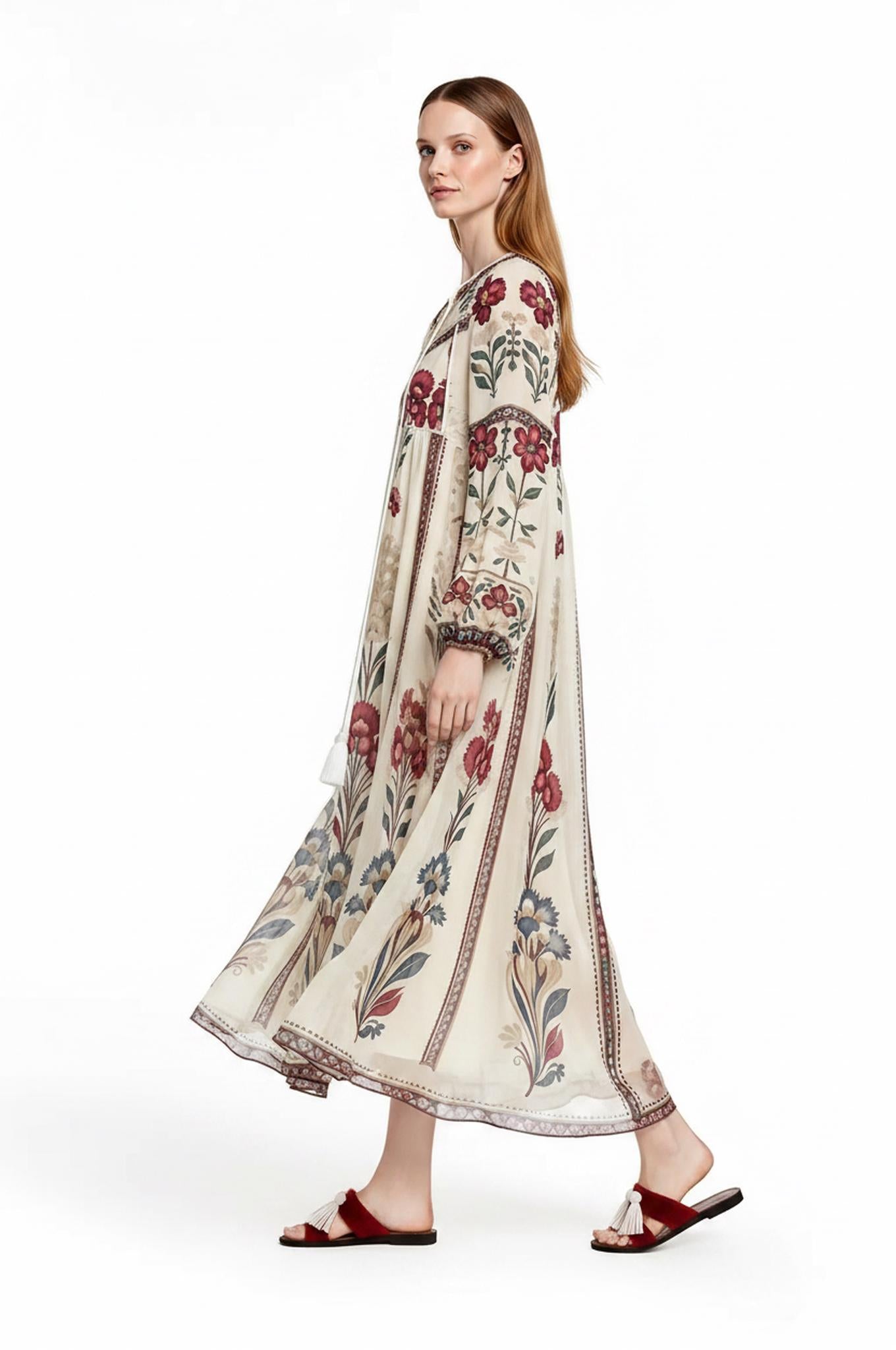 Ivory Floral Chiffon Midi Dress, Long Sleeve Tassel Tie Boho Resort Wear __etsy:8108460465
