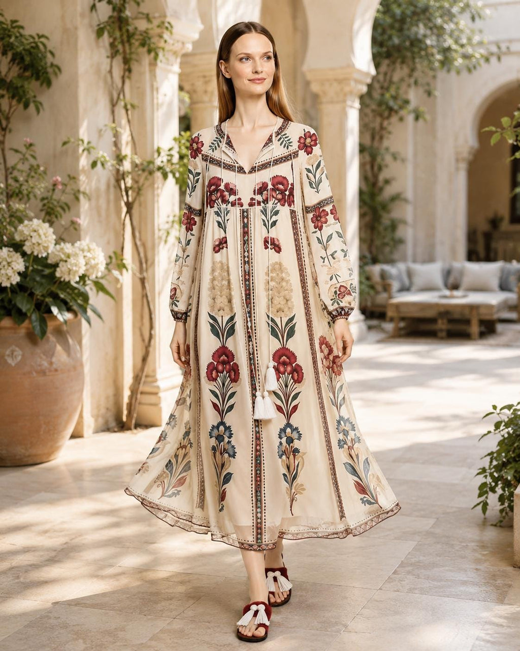 Ivory Floral Chiffon Midi Dress, Long Sleeve Tassel Tie Boho Resort Wear __etsy:8108460467