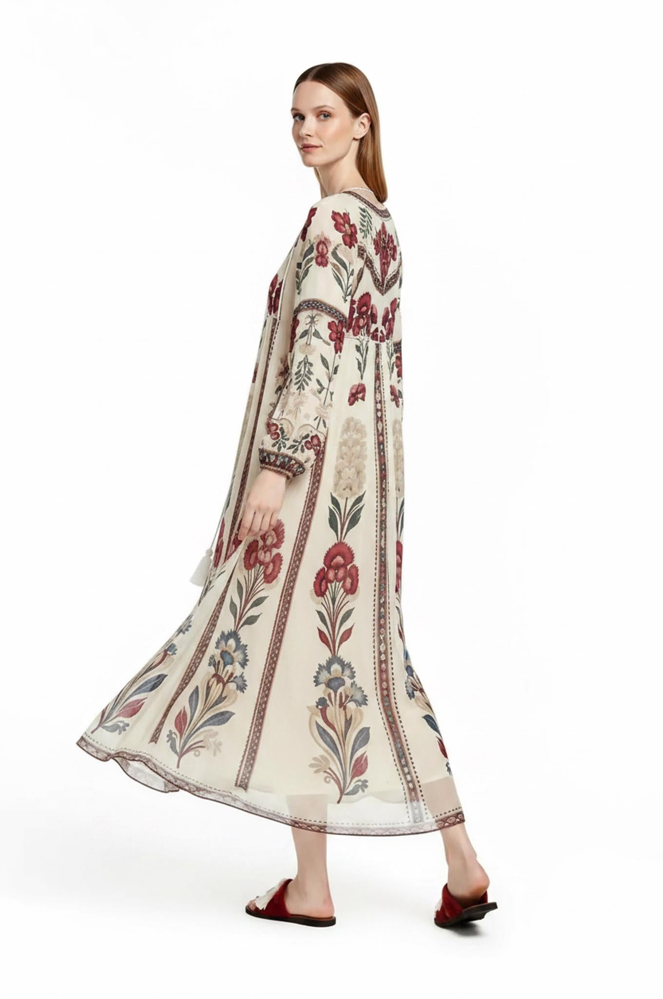 Ivory Floral Chiffon Midi Dress, Long Sleeve Tassel Tie Boho Resort Wear __etsy:8108460519