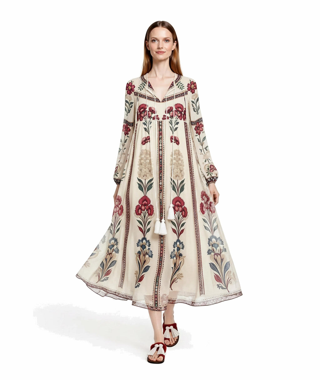 Ivory Floral Chiffon Midi Dress, Long Sleeve Tassel Tie Boho Resort Wear __etsy:8108471867