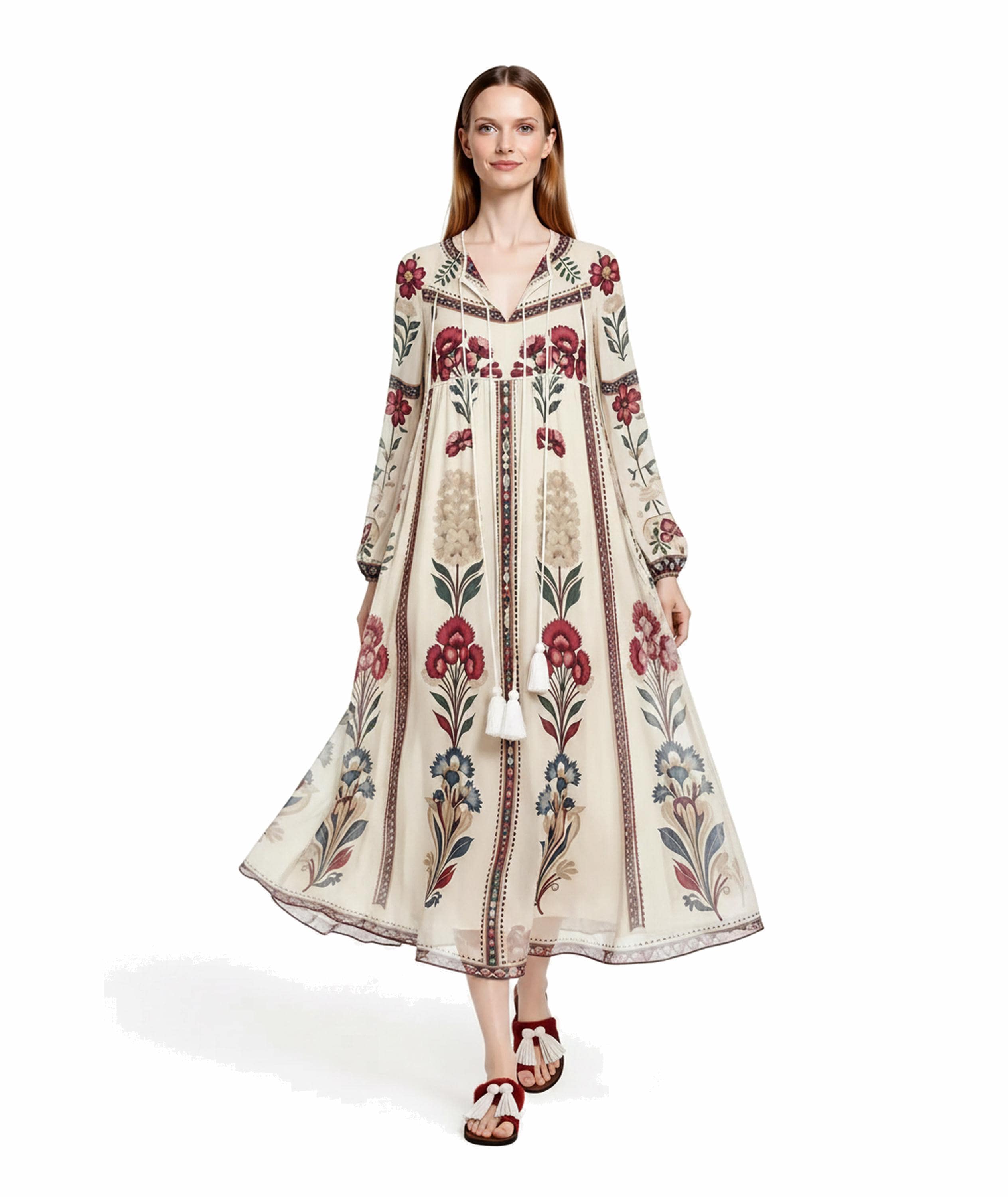 Ivory Floral Chiffon Midi Dress, Long Sleeve Tassel Tie Boho Resort Wear __etsy:8108471867
