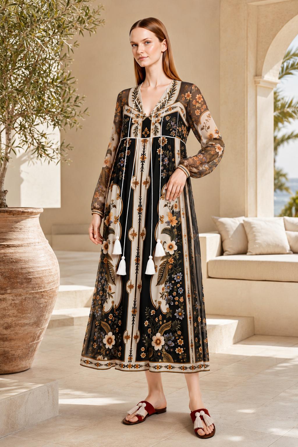 Black Ivory Floral Chiffon Midi Dress, Long Sleeve Tassel Tie Boho Resort A-Line