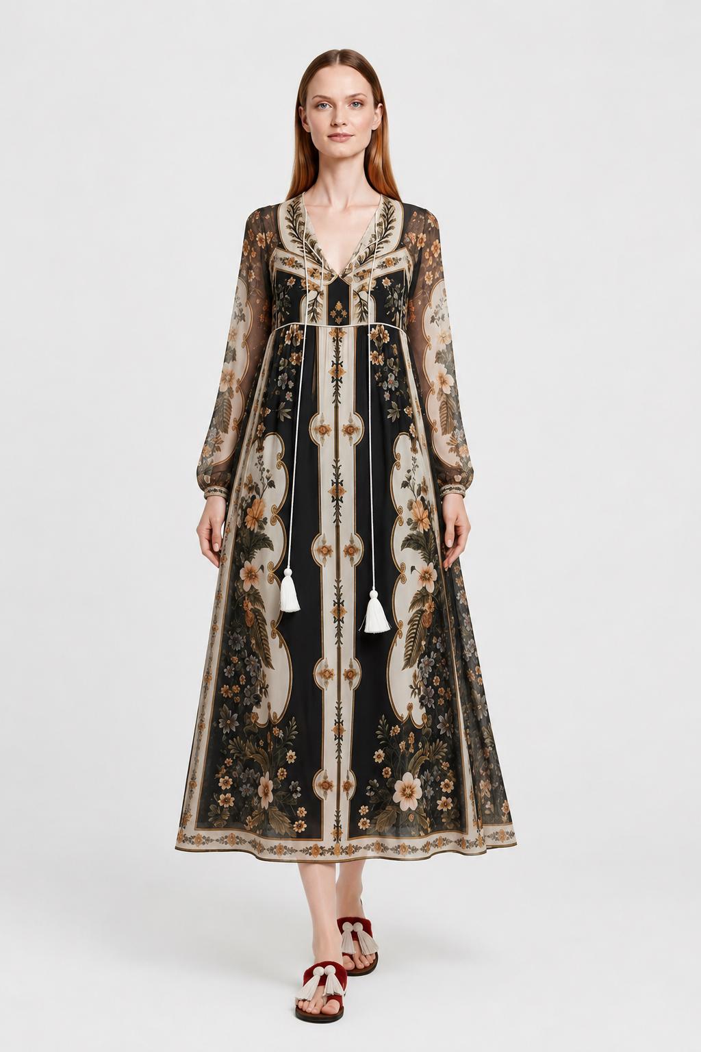 Black Ivory Floral Chiffon Midi Dress, Long Sleeve Tassel Tie Boho Resort A-Line