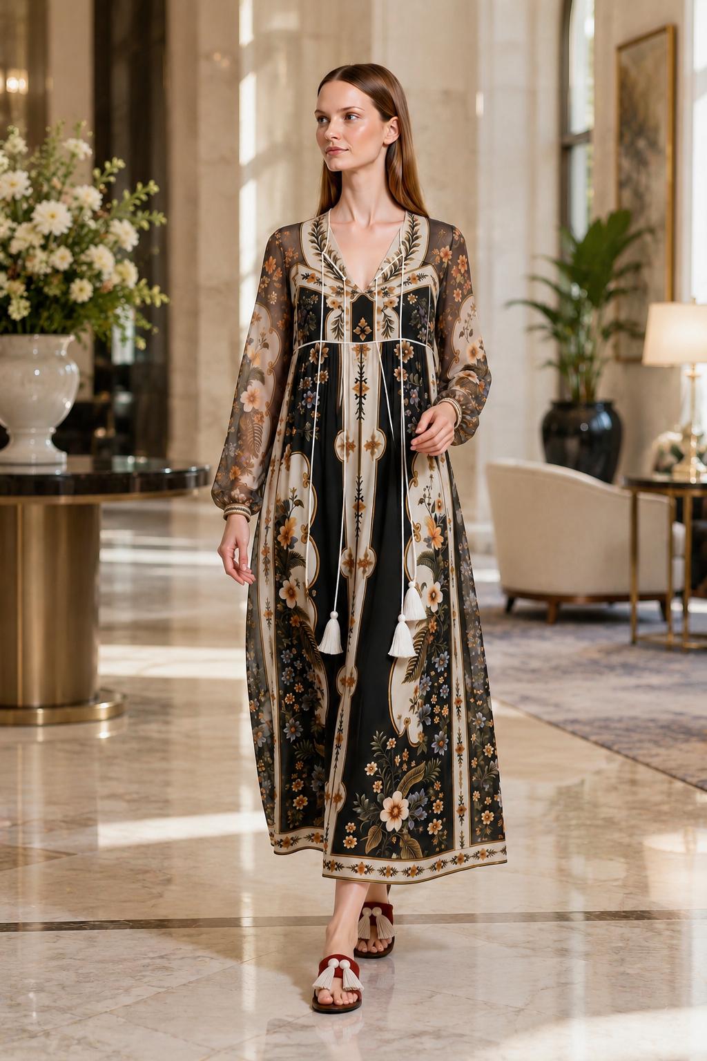Black Ivory Floral Chiffon Midi Dress, Long Sleeve Tassel Tie Boho Resort A-Line