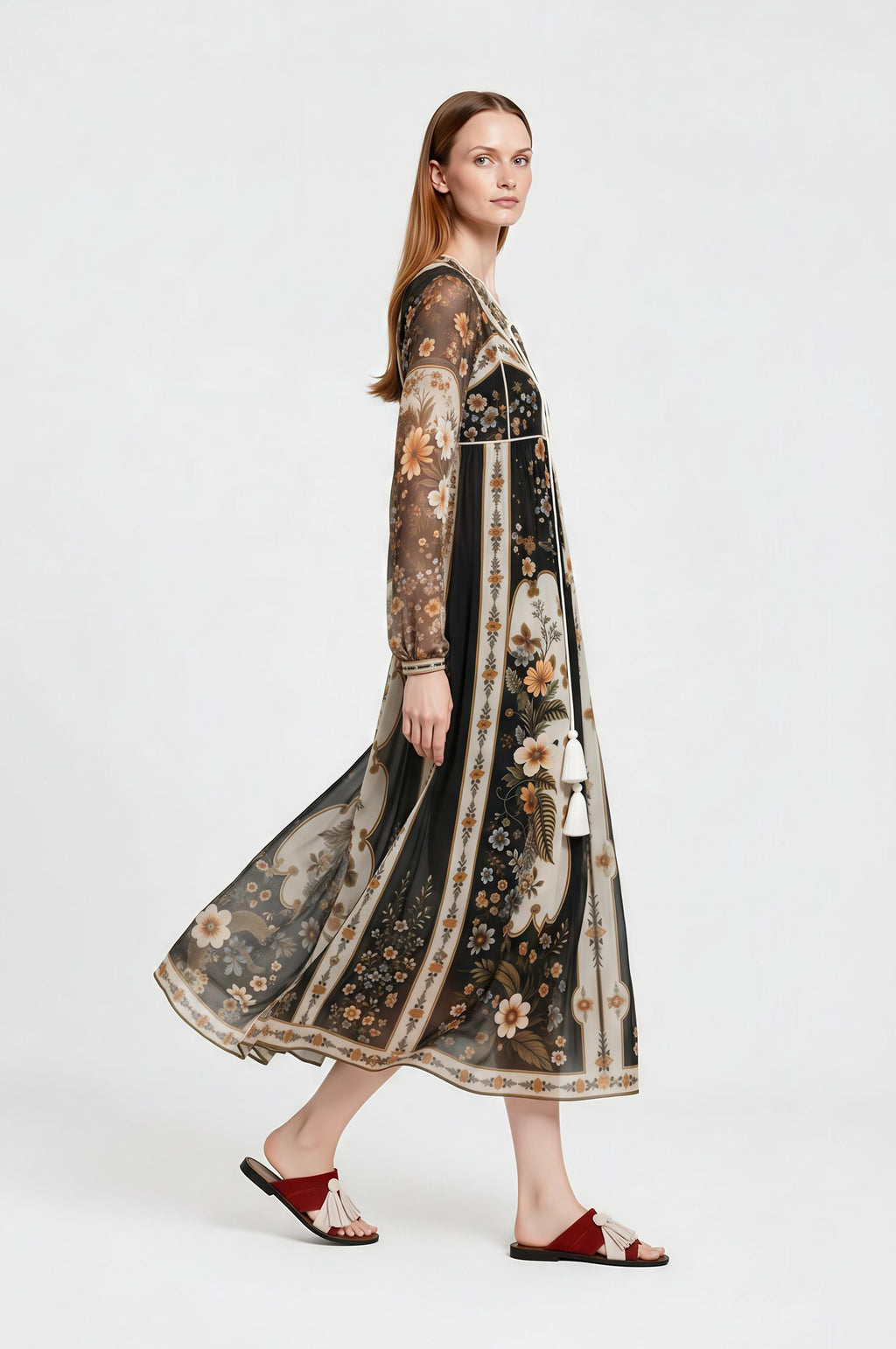 Black Ivory Floral Chiffon Midi Dress, Long Sleeve Tassel Tie Boho Resort A-Line