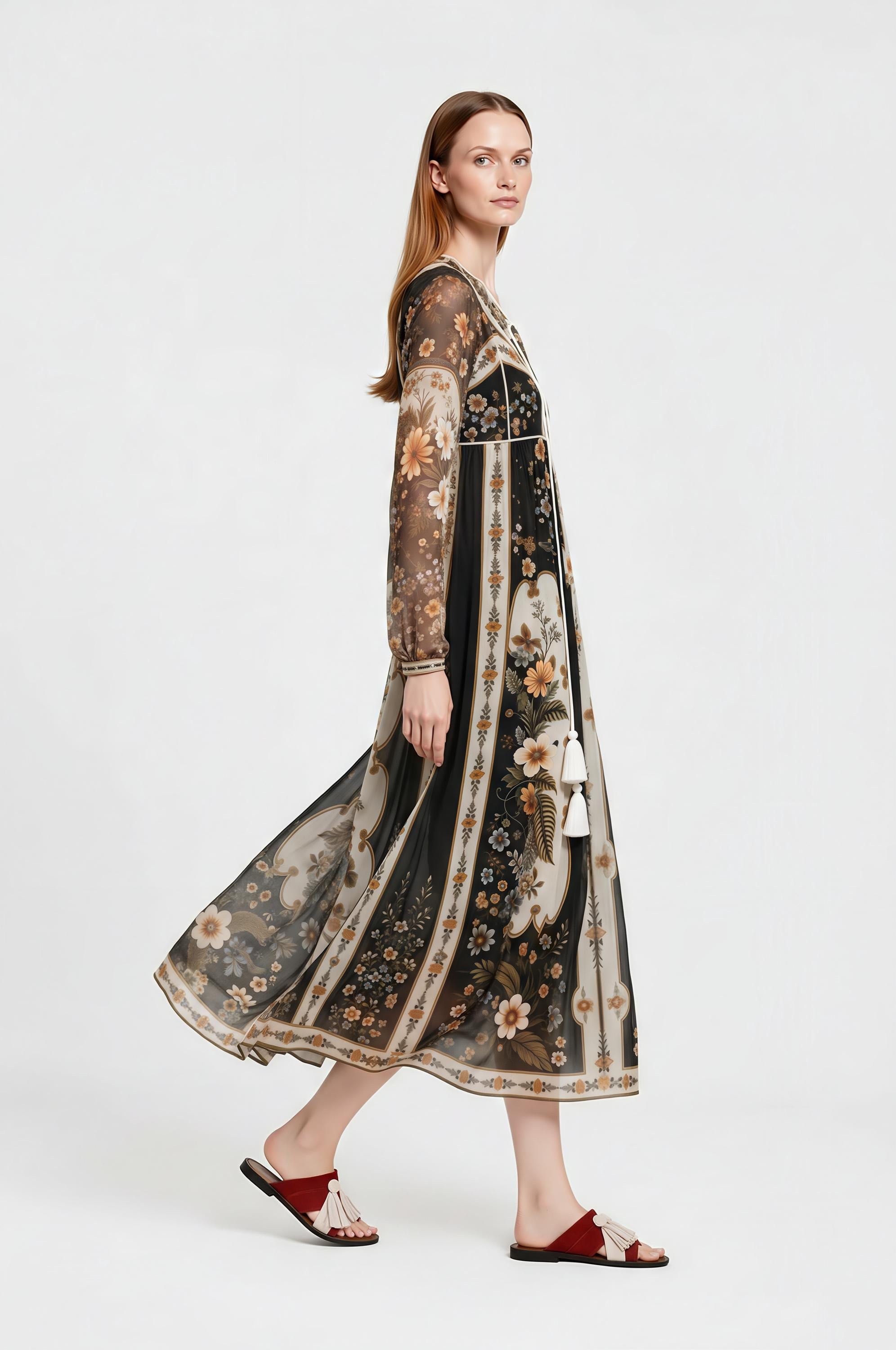 Black Ivory Floral Chiffon Midi Dress, Long Sleeve Tassel Tie Boho Resort A-Line