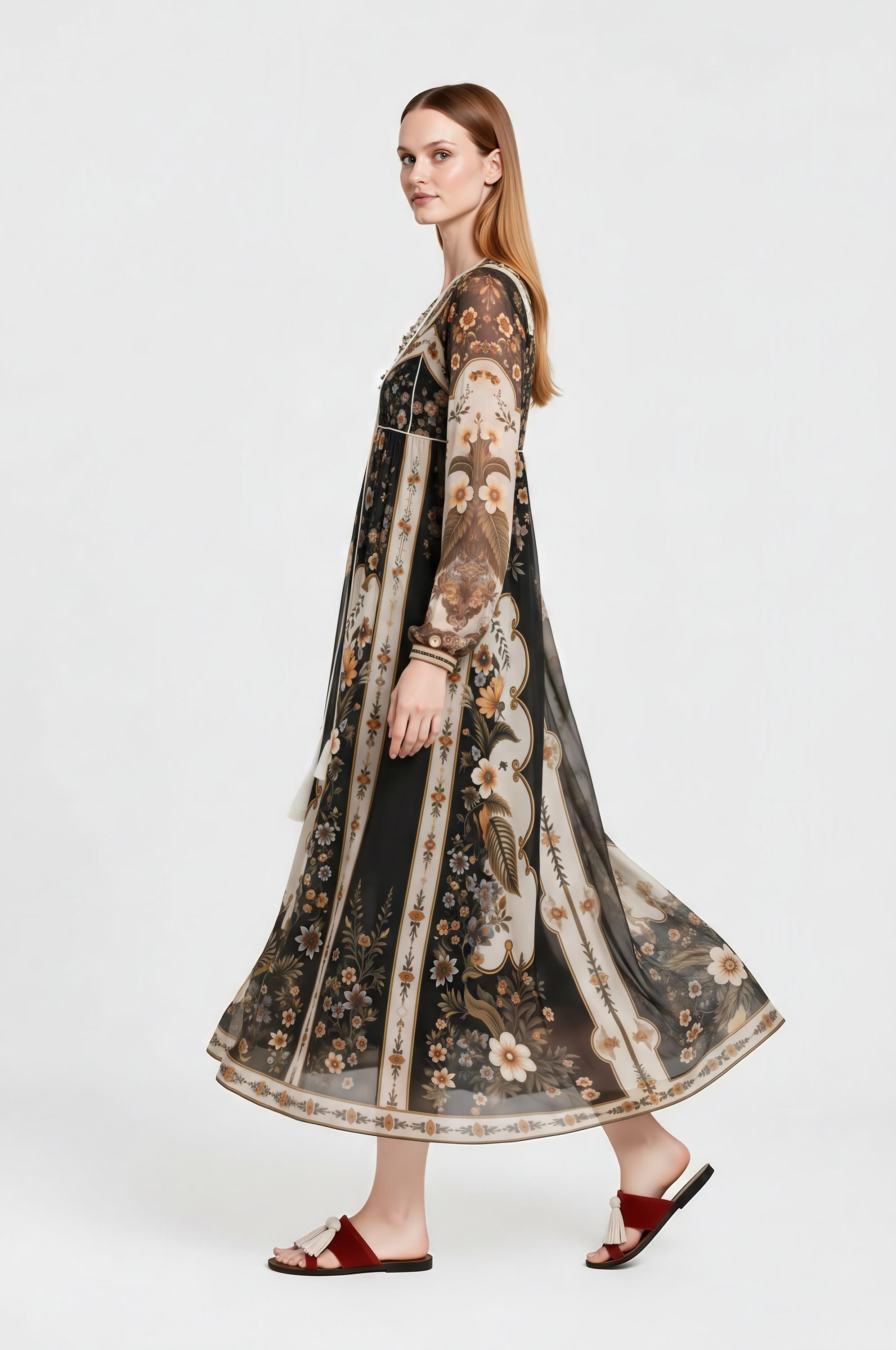 Black Ivory Floral Chiffon Midi Dress, Long Sleeve Tassel Tie Boho Resort A-Line