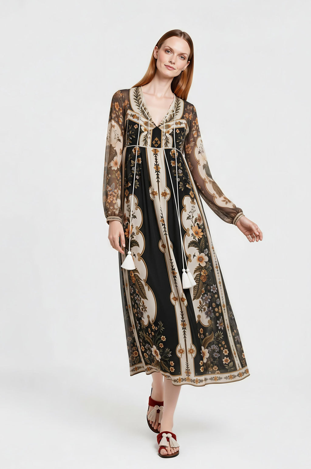 Black Ivory Floral Chiffon Midi Dress, Long Sleeve Tassel Tie Boho Resort A-Line