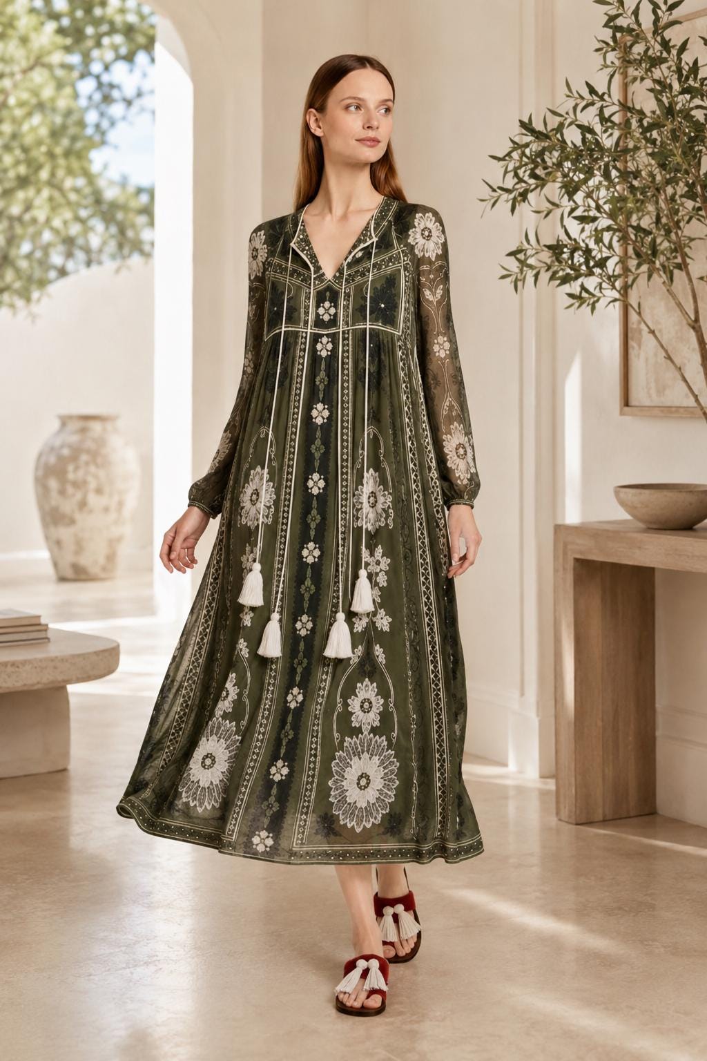 Olive Green Floral Chiffon Midi Dress, Long Sleeves and Tassel Tie