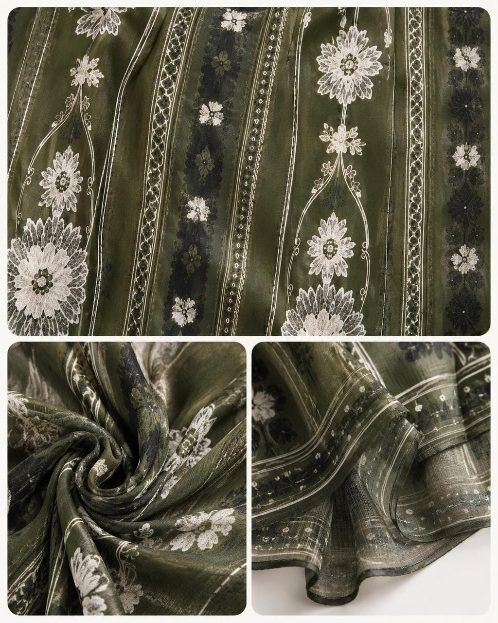Olive Green Floral Chiffon Midi Dress, Long Sleeves and Tassel Tie