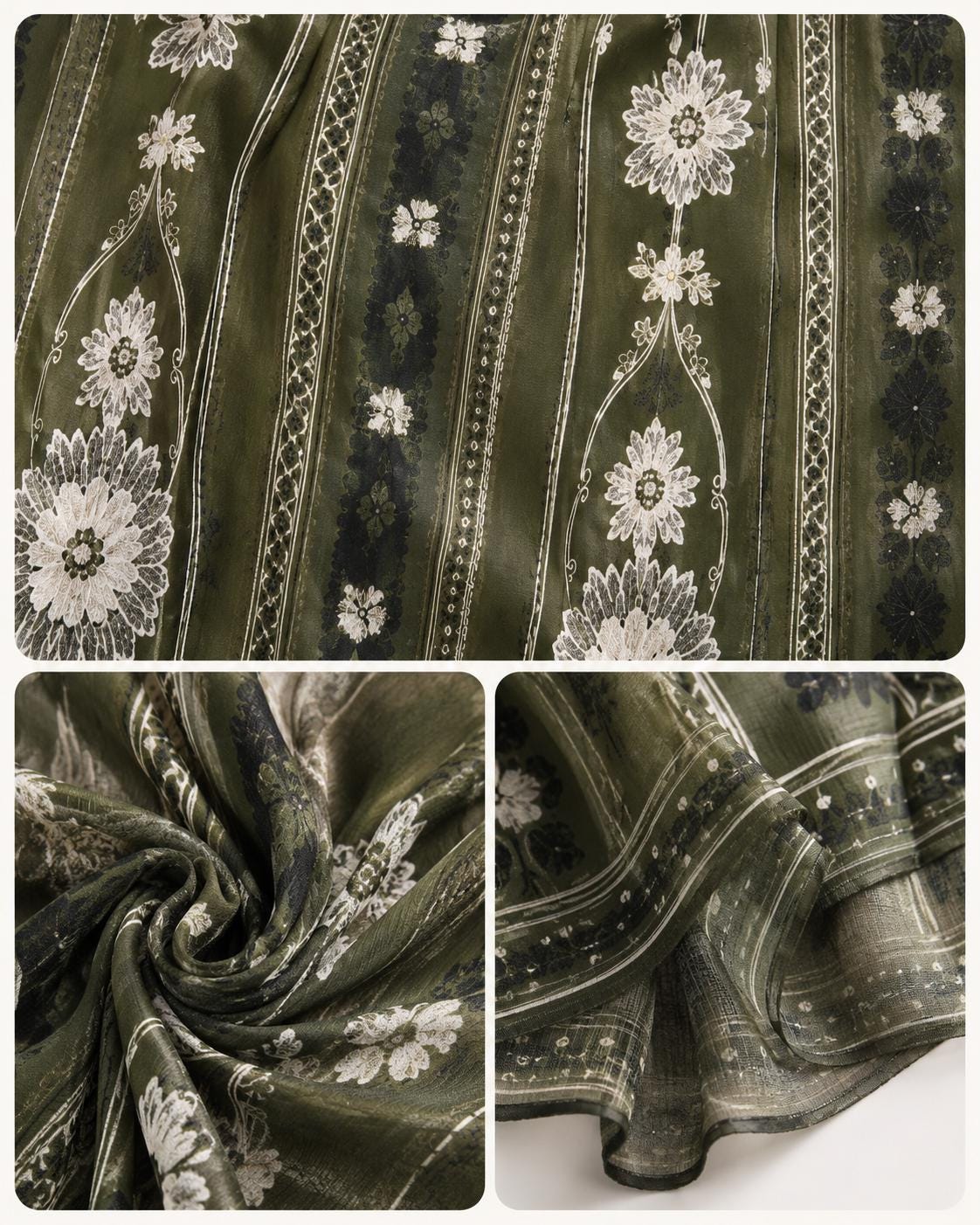 Olive Green Floral Chiffon Midi Dress, Long Sleeves and Tassel Tie