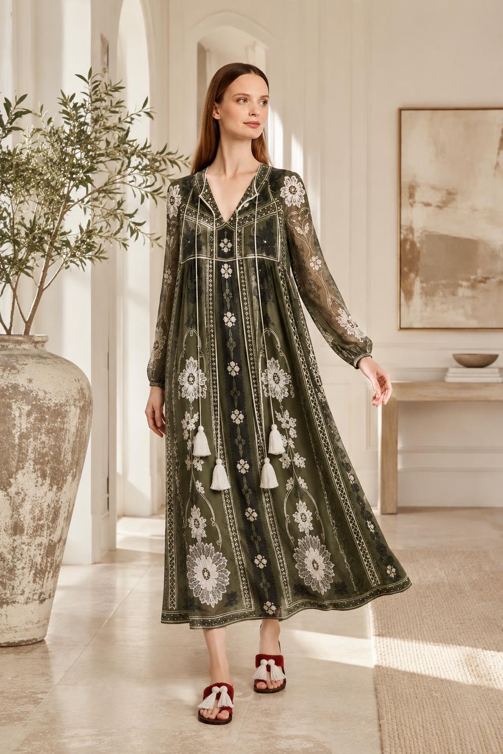 Olive Green Floral Chiffon Midi Dress, Long Sleeves and Tassel Tie