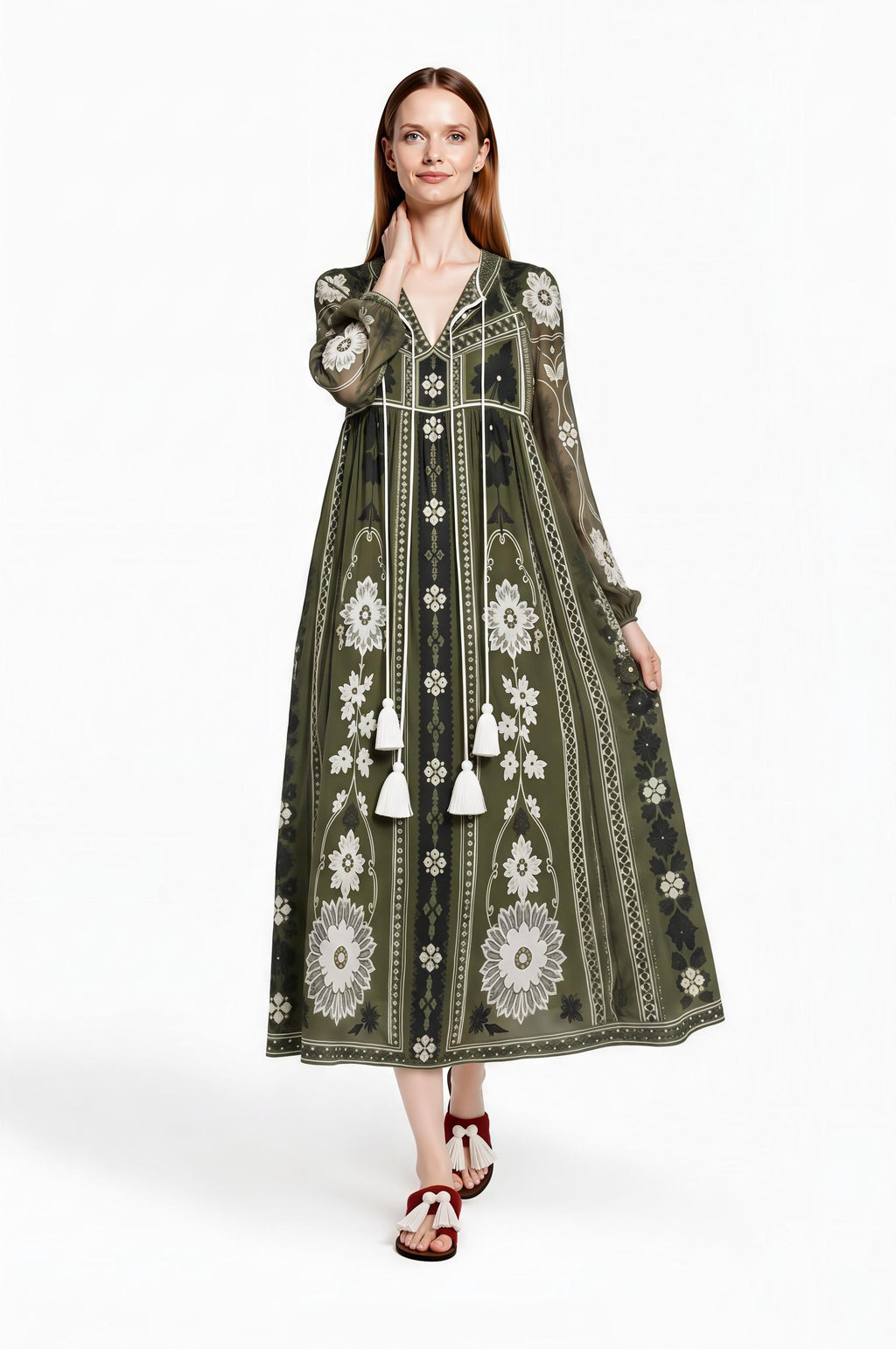 Olive Green Floral Chiffon Midi Dress, Long Sleeves and Tassel Tie