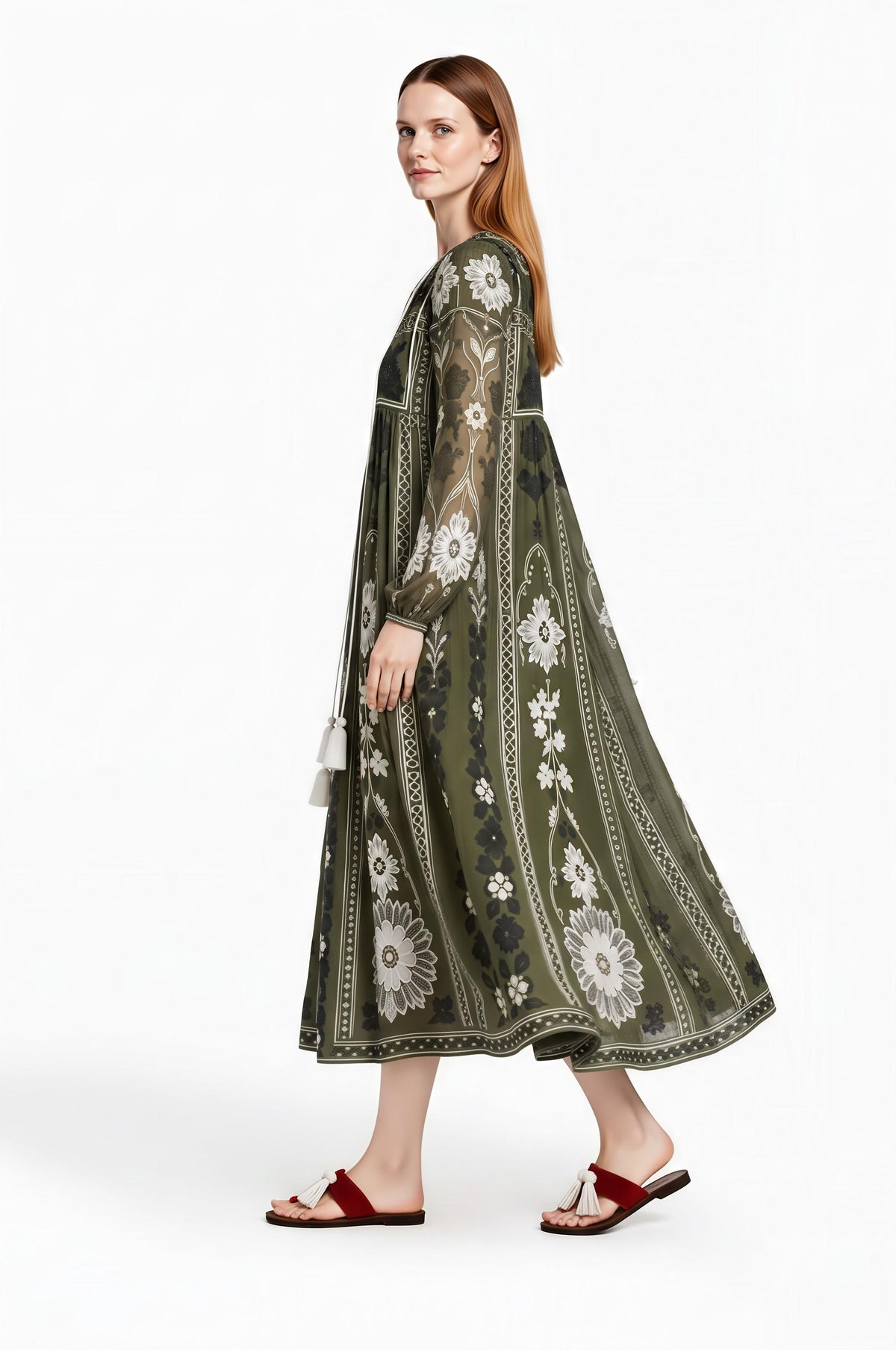 Olive Green Floral Chiffon Midi Dress, Long Sleeves and Tassel Tie