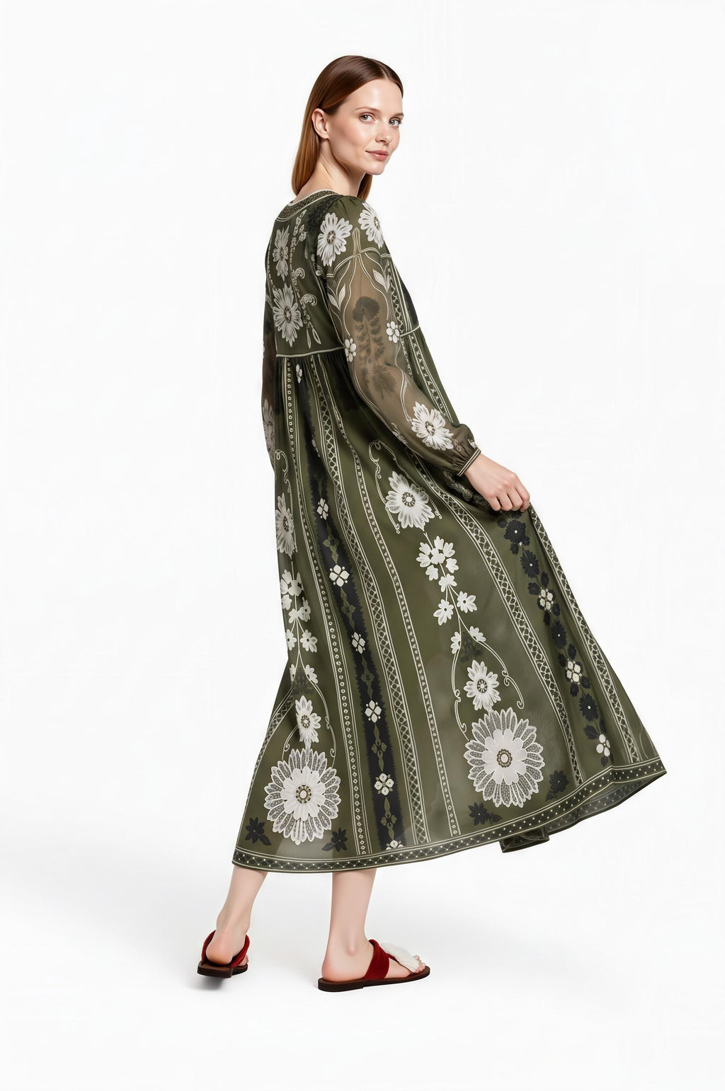 Olive Green Floral Chiffon Midi Dress, Long Sleeves and Tassel Tie