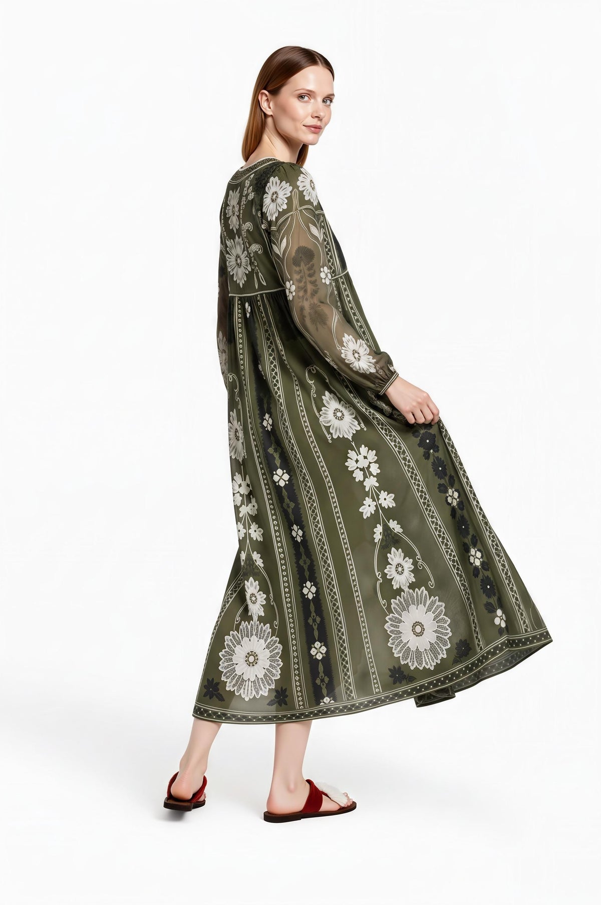 Olive Green Floral Chiffon Midi Dress, Long Sleeves and Tassel Tie