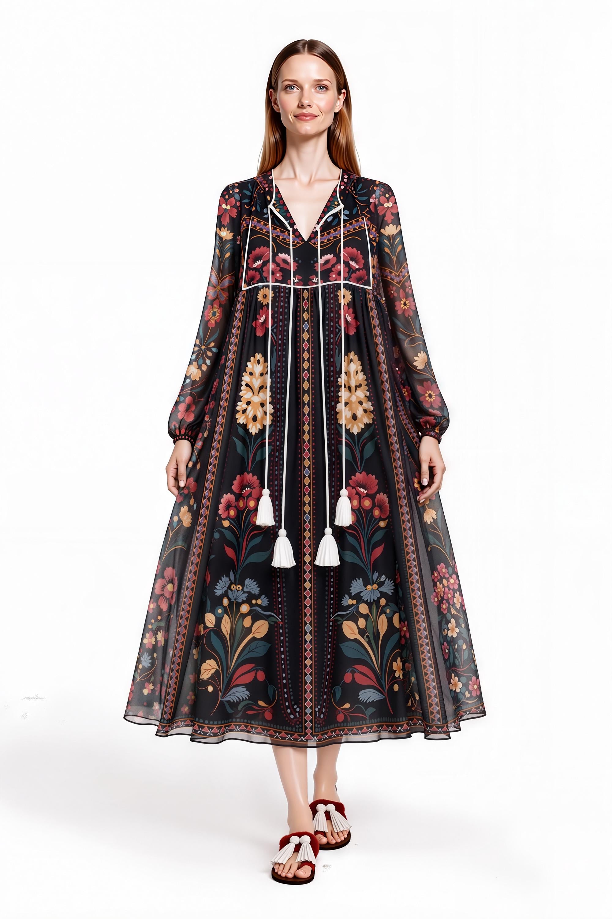 Black Floral Midi Dress, Relaxed A-Line, Tassel Tie, Long Sleeve Vacation Garden Print __etsy:8113791559