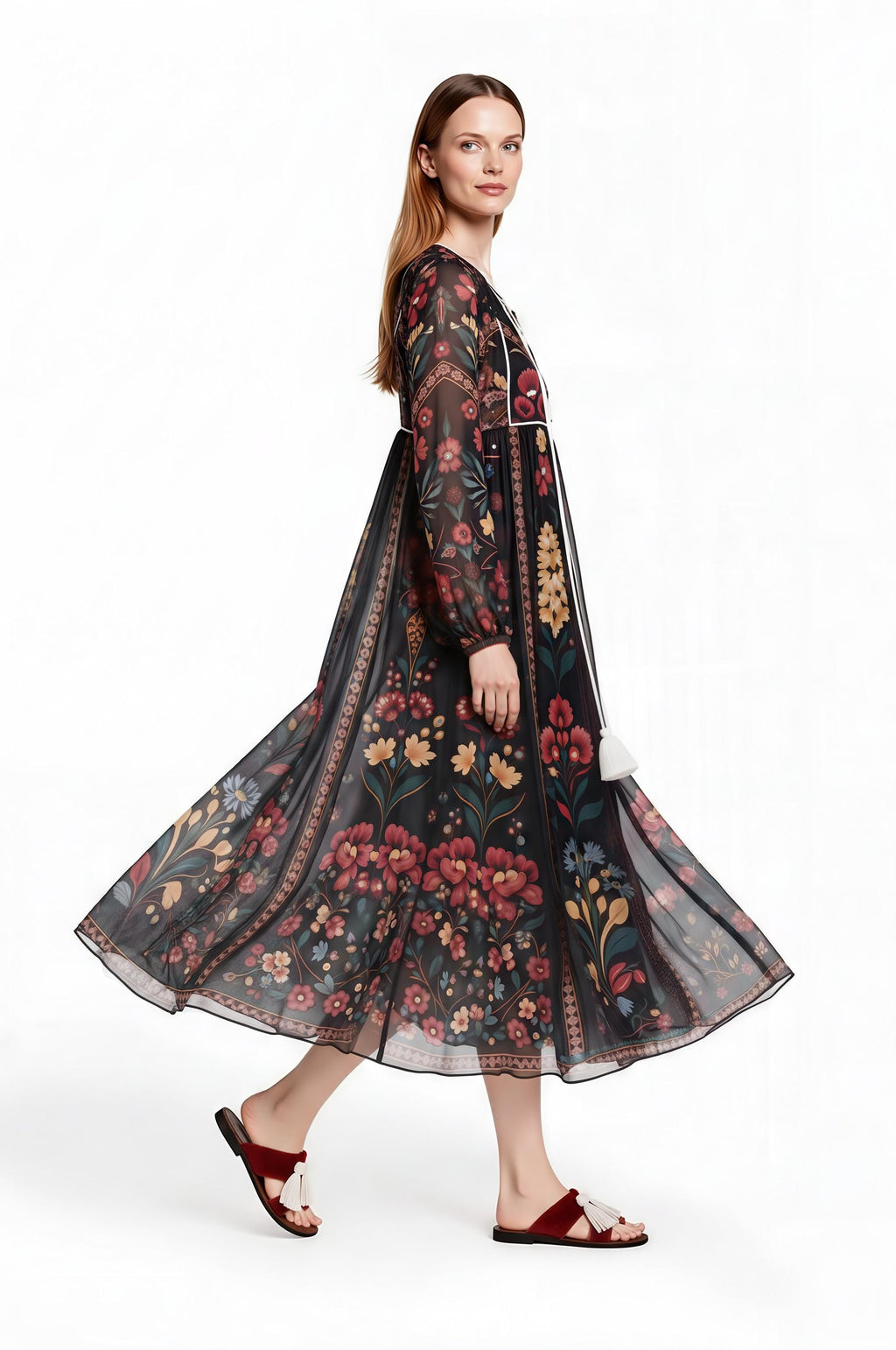 Black Floral Midi Dress, Relaxed A-Line, Tassel Tie, Long Sleeve Vacation Garden Print __etsy:8113791567
