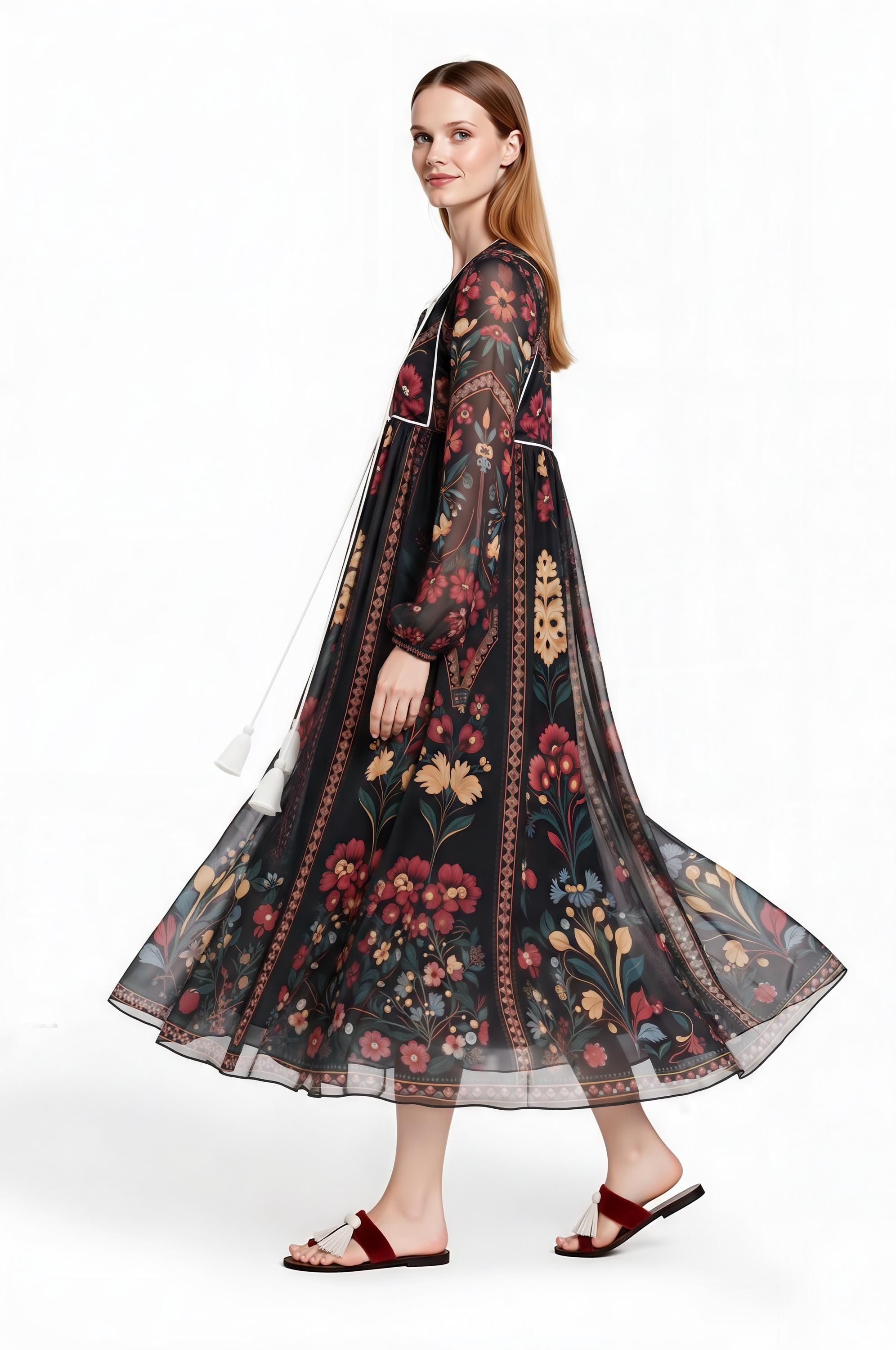 Black Floral Midi Dress, Relaxed A-Line, Tassel Tie, Long Sleeve Vacation Garden Print __etsy:8113791571