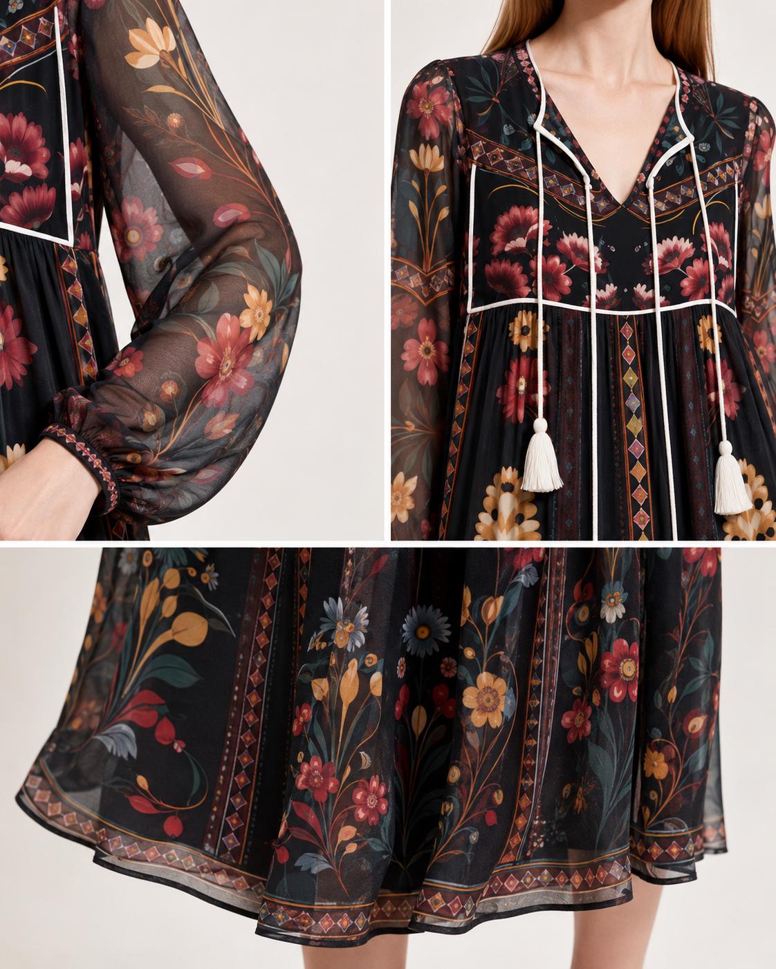 Black Floral Midi Dress, Relaxed A-Line, Tassel Tie, Long Sleeve Vacation Garden Print __etsy:8113791581