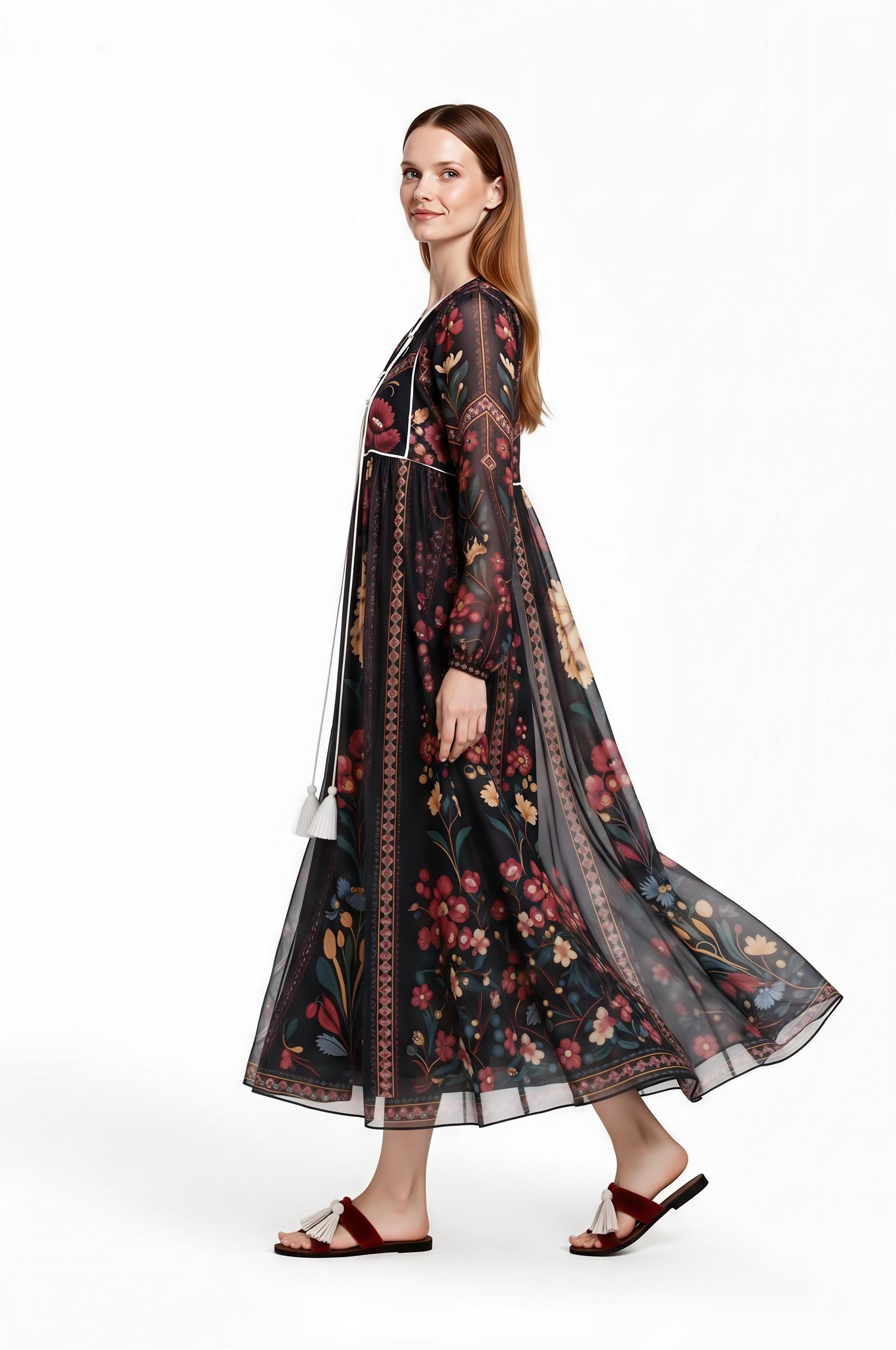Black Floral Midi Dress, Relaxed A-Line, Tassel Tie, Long Sleeve Vacation Garden Print __etsy:8113791631