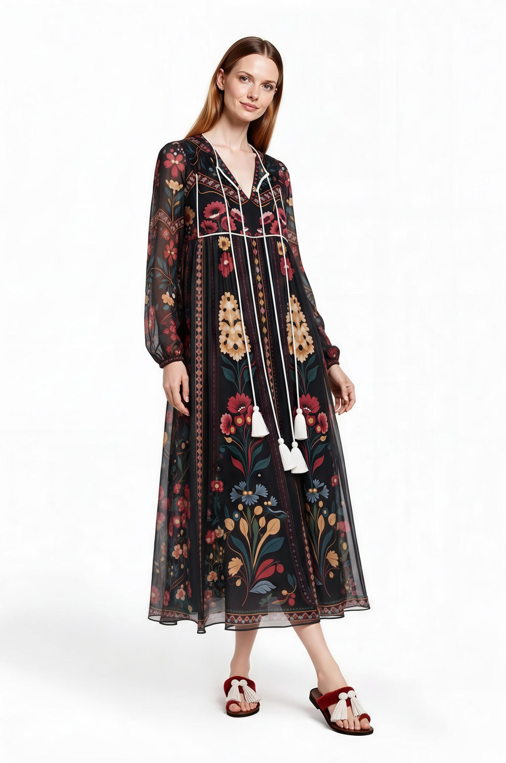 Black Floral Midi Dress, Relaxed A-Line, Tassel Tie, Long Sleeve Vacation Garden Print __etsy:8113791633
