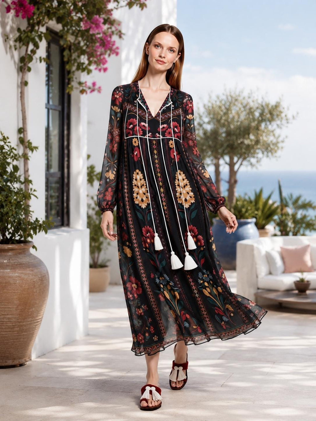 Black Floral Midi Dress, Relaxed A-Line, Tassel Tie, Long Sleeve Vacation Garden Print __etsy:8113796251