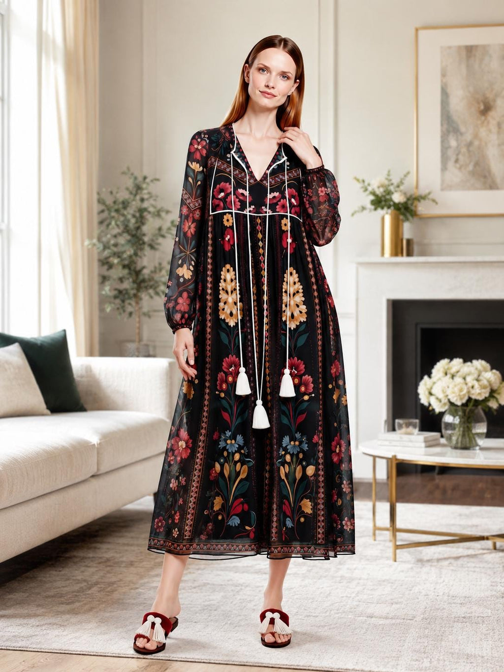 Black Floral Midi Dress, Relaxed A-Line, Tassel Tie, Long Sleeve Vacation Garden Print __etsy:8113796255