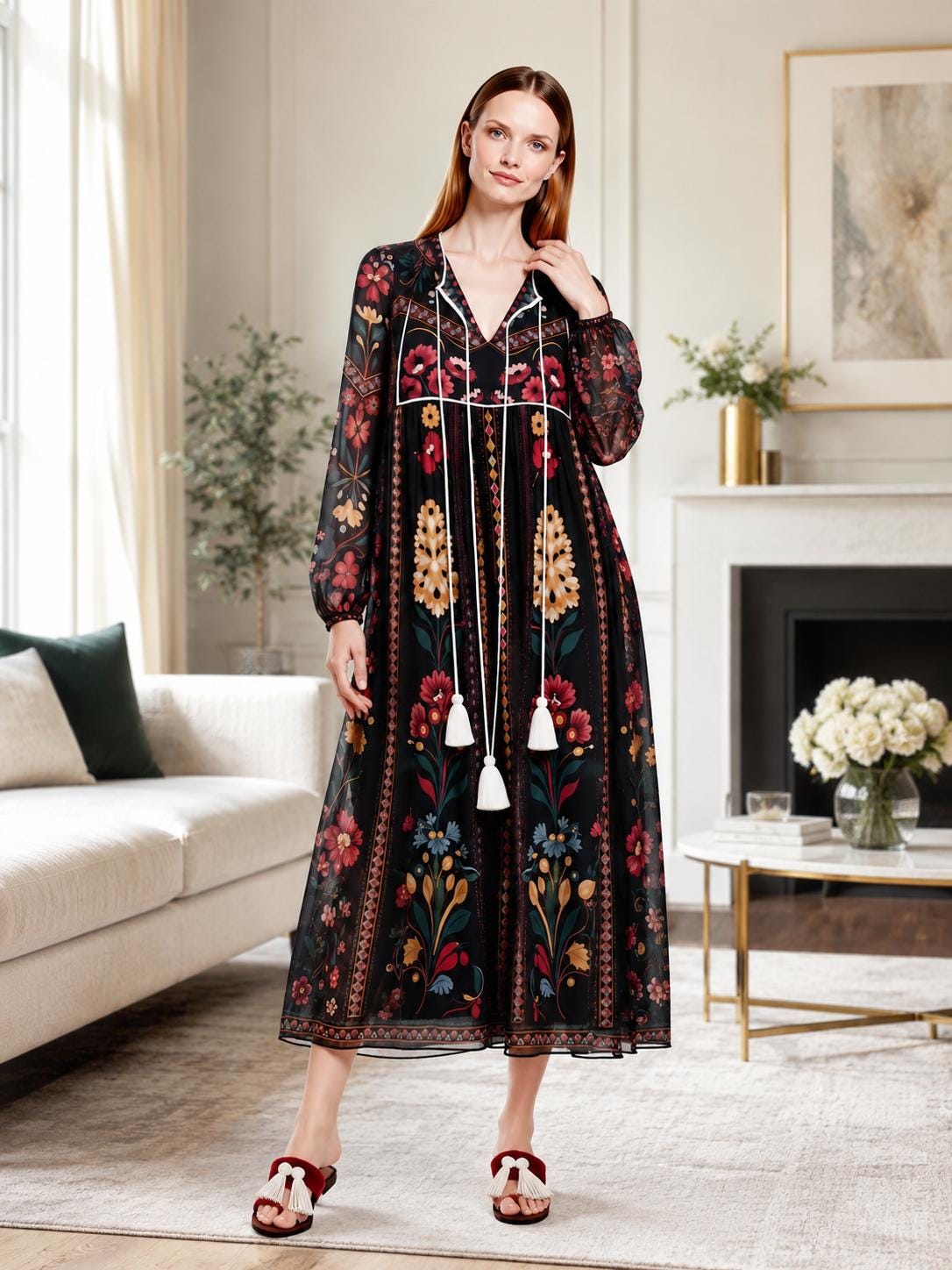 Black Floral Midi Dress, Relaxed A-Line, Tassel Tie, Long Sleeve Vacation Garden Print __etsy:8113796255