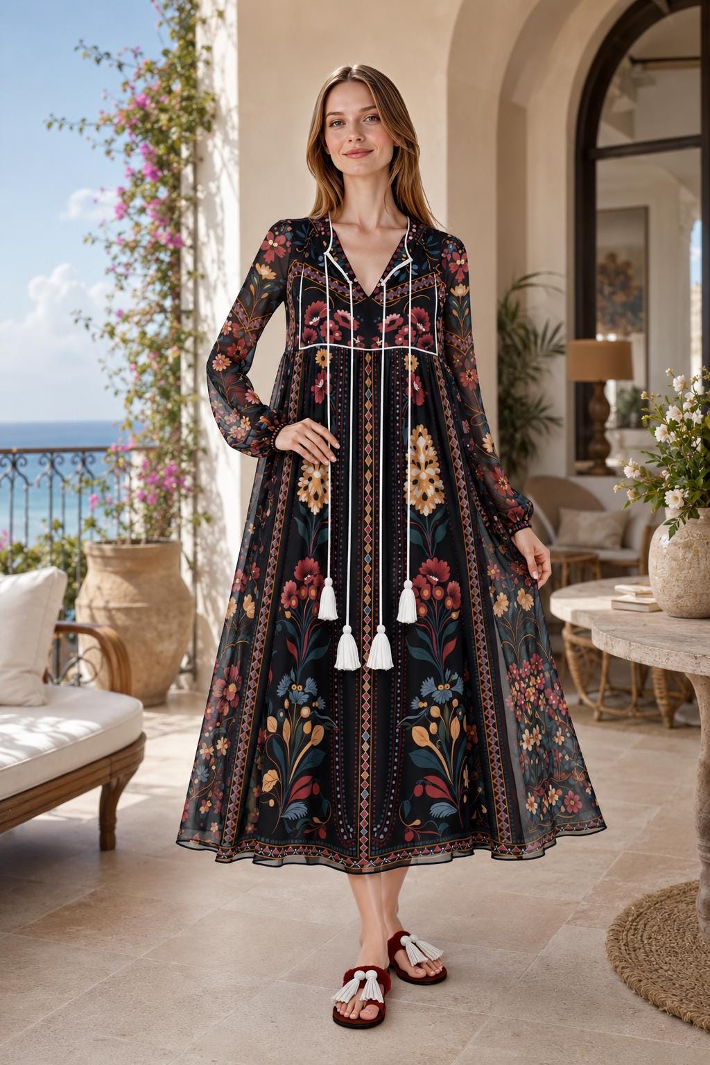 Black Floral Midi Dress, Relaxed A-Line, Tassel Tie, Long Sleeve Vacation Garden Print __etsy:8113802603