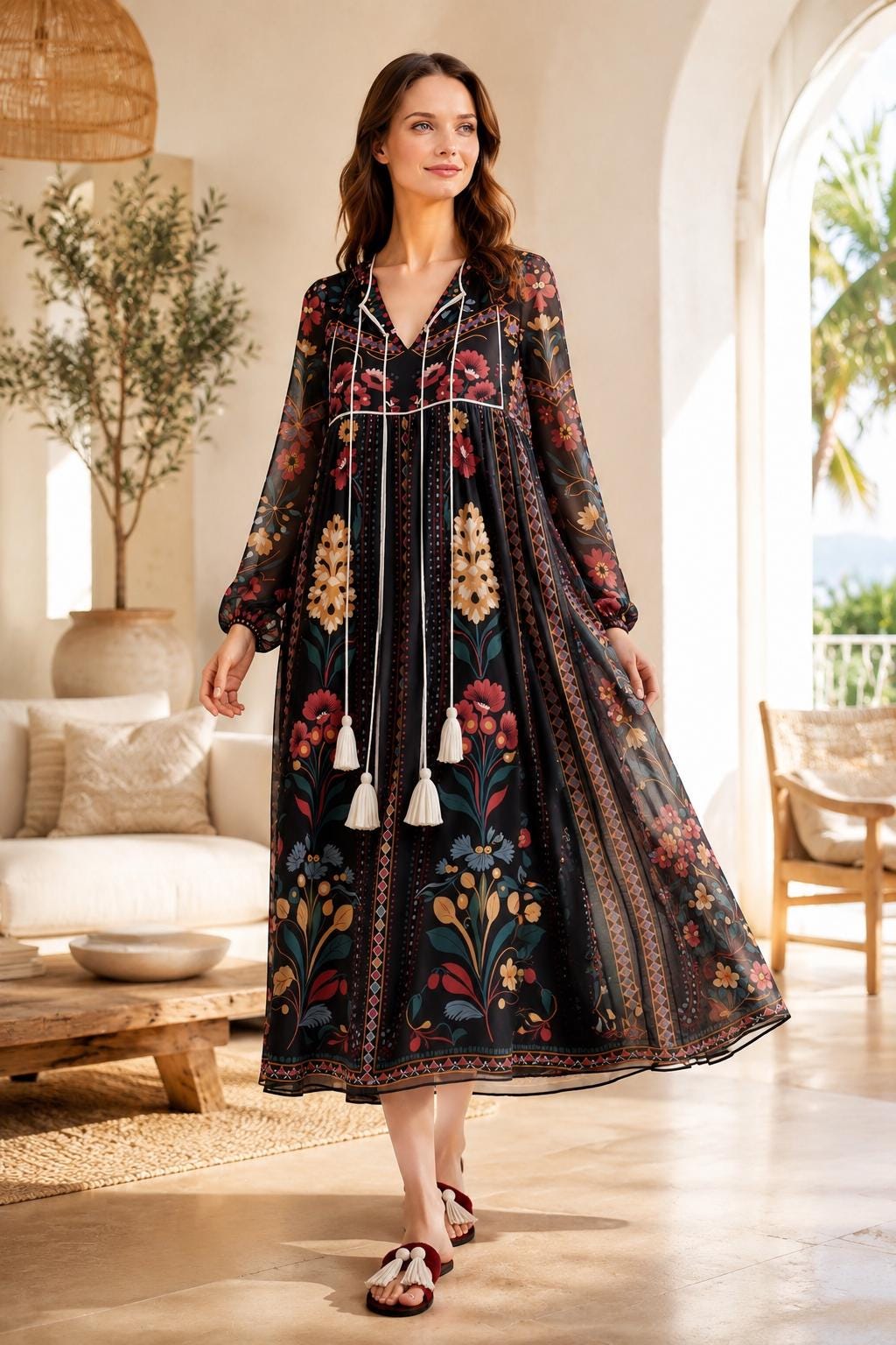 Black Floral Midi Dress, Relaxed A-Line, Tassel Tie, Long Sleeve Vacation Garden Print __etsy:8113802611