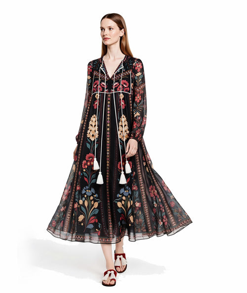 Black Floral Midi Dress, Relaxed A-Line, Tassel Tie, Long Sleeve Vacation Garden Print __etsy:8113826433