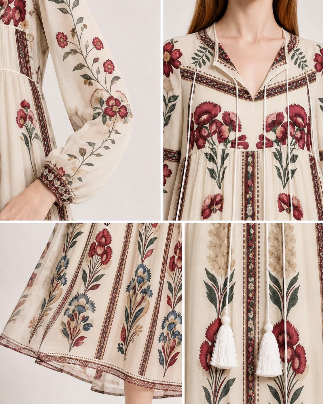 Ivory Floral Chiffon Midi Dress, Long Sleeve Tassel Tie Boho Resort Wear __etsy:8116859613