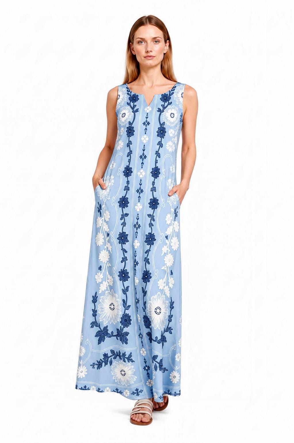 Sage Green Floral Maxi Dress, Sleeveless A-Line, Vintage Border Print, Resort Summer (Pockets)