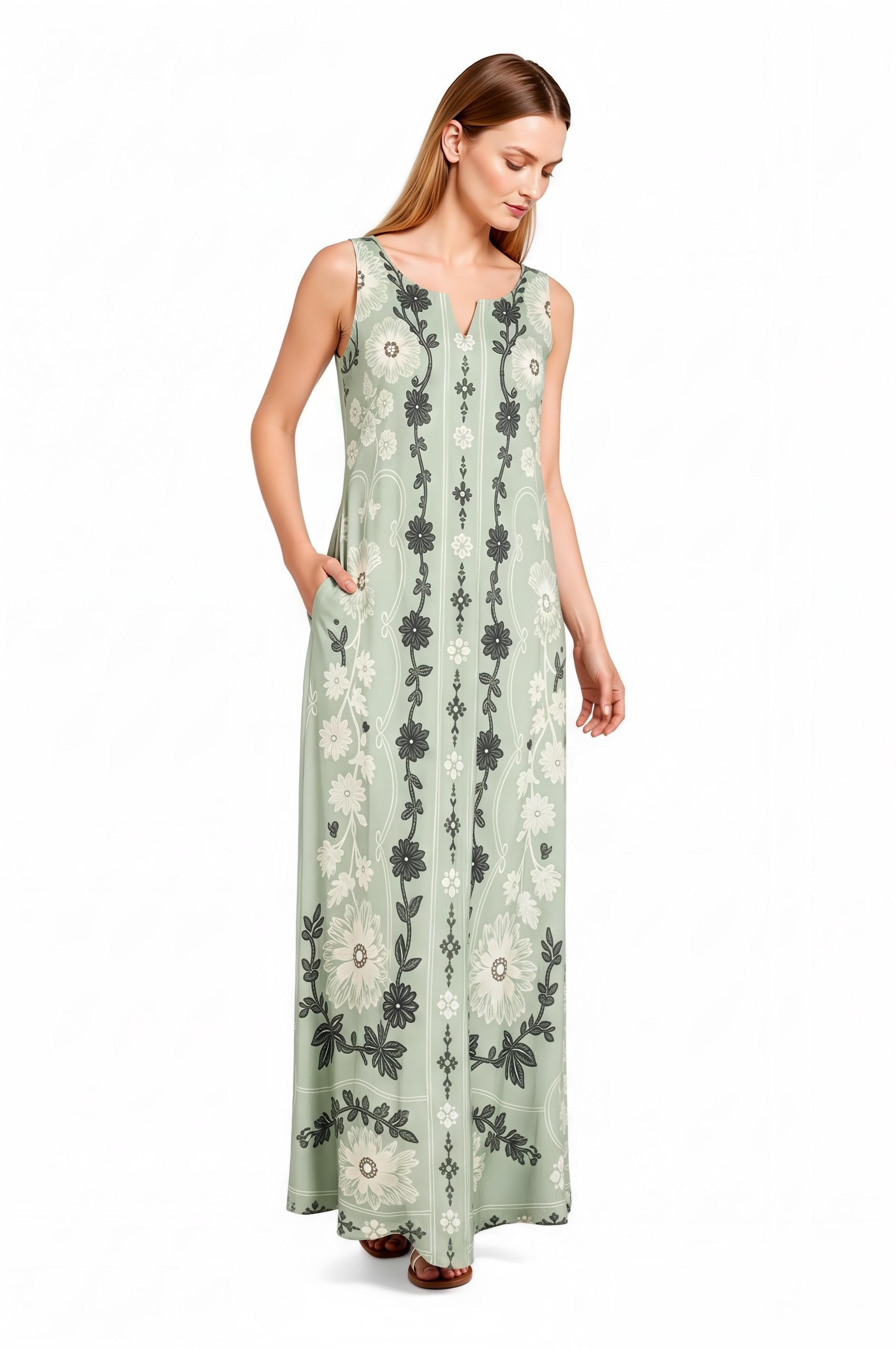 Sage Green Floral Maxi Dress, Sleeveless A-Line, Vintage Border Print, Resort Summer (Pockets)