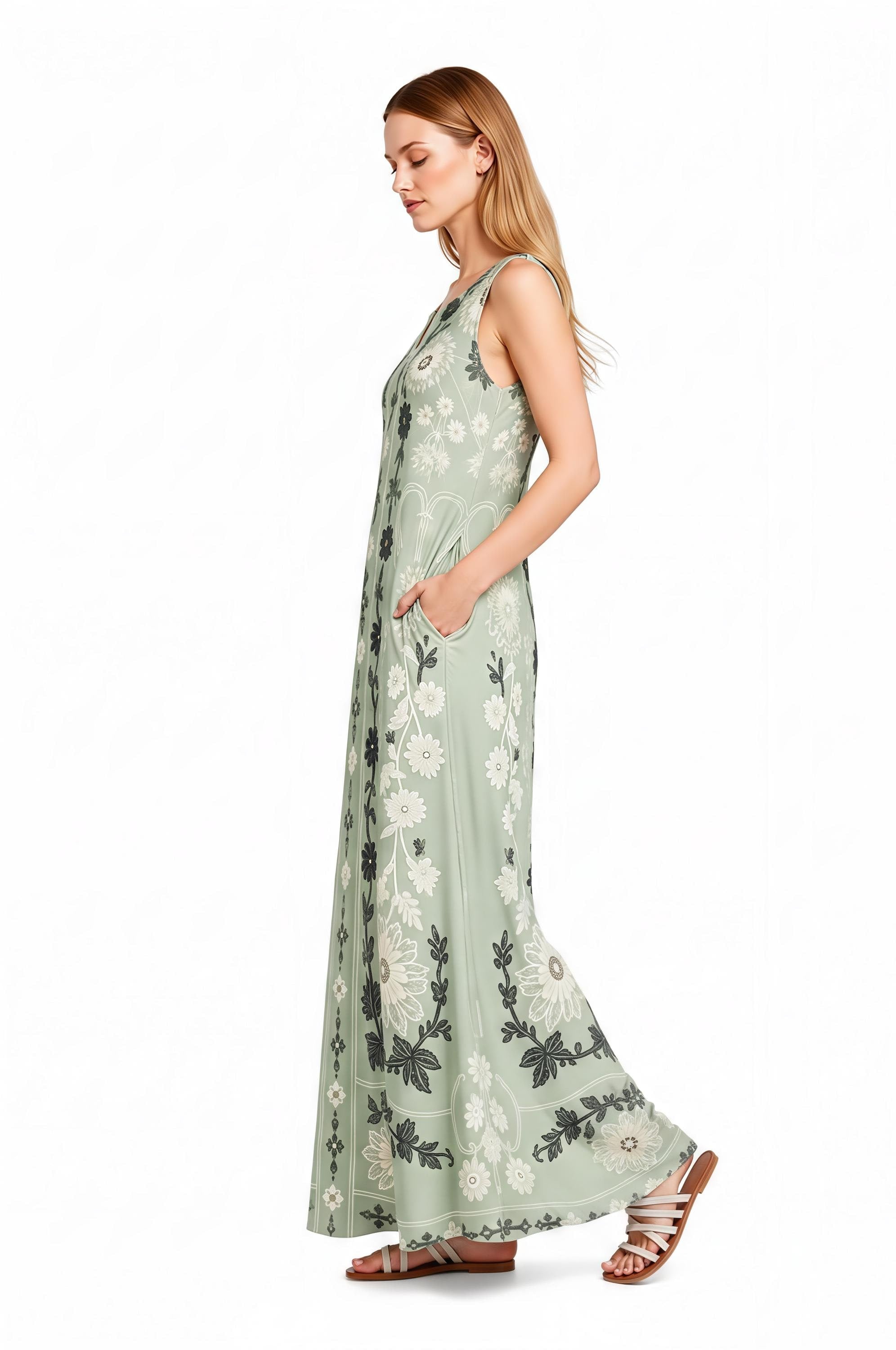 Sage Green Floral Maxi Dress, Sleeveless A-Line, Vintage Border Print, Resort Summer (Pockets)