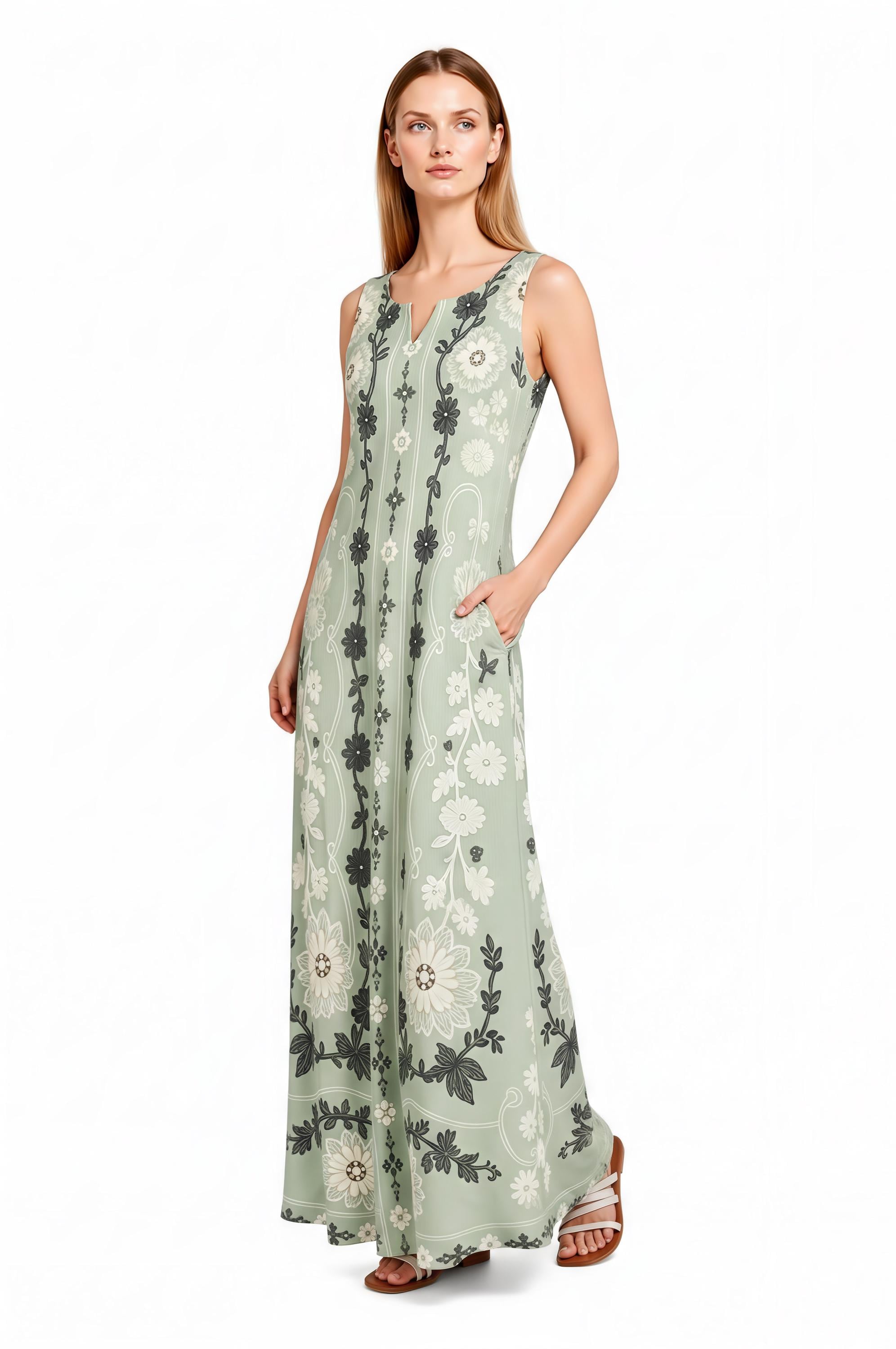 Sage Green Floral Maxi Dress, Sleeveless A-Line, Vintage Border Print, Resort Summer (Pockets)