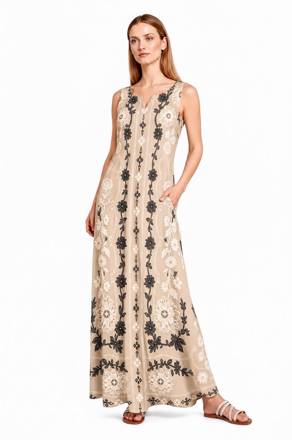 Sage Green Floral Maxi Dress, Sleeveless A-Line, Vintage Border Print, Resort Summer (Pockets)