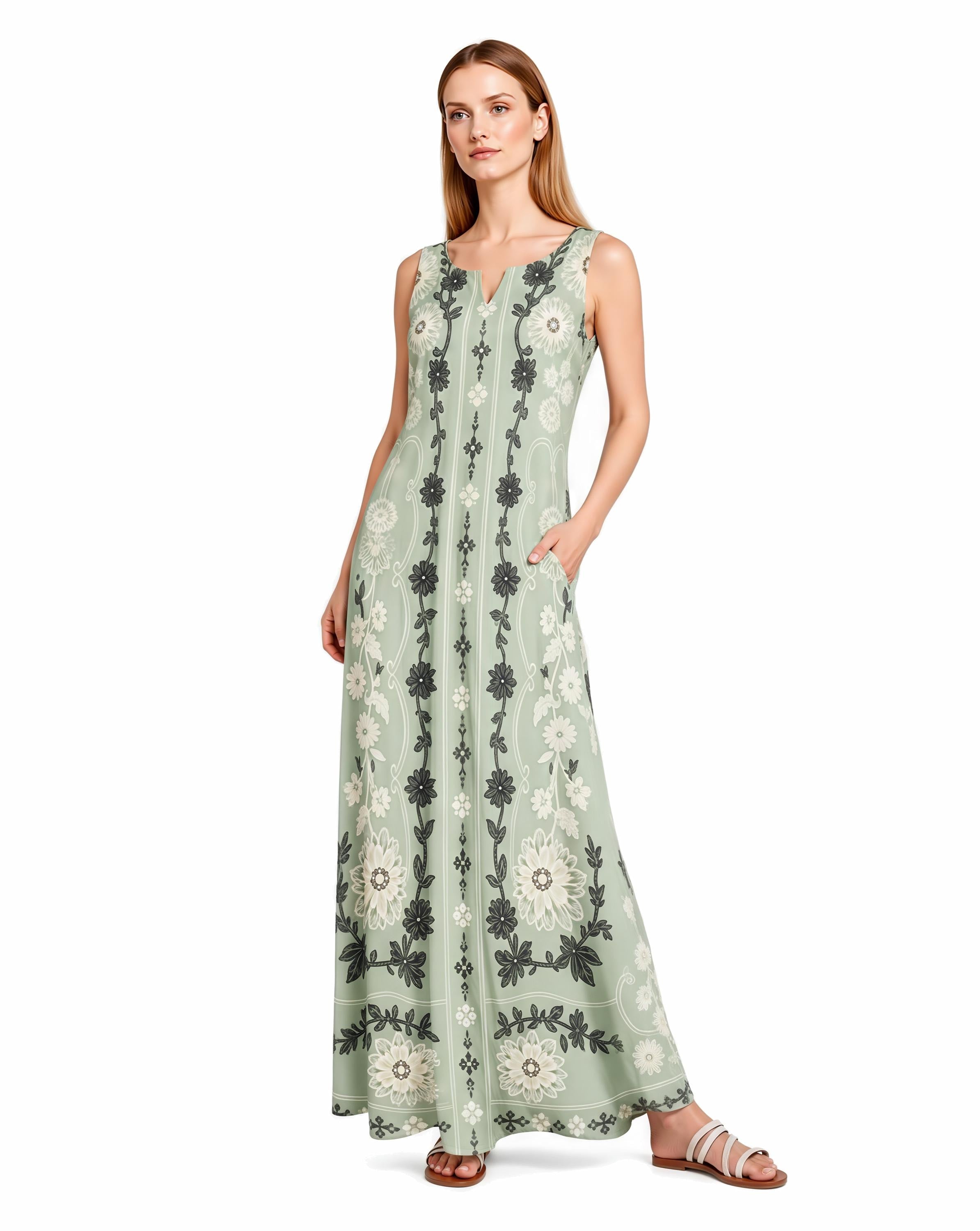 Sage Green Floral Maxi Dress, Sleeveless A-Line, Vintage Border Print, Resort Summer (Pockets)