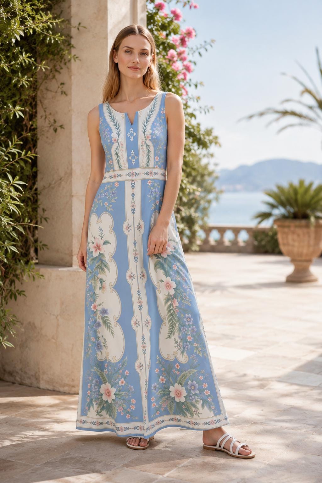 Blue Floral Maxi Dress, Sleeveless A-Line, Vintage Border Print, Resort Summer Garden