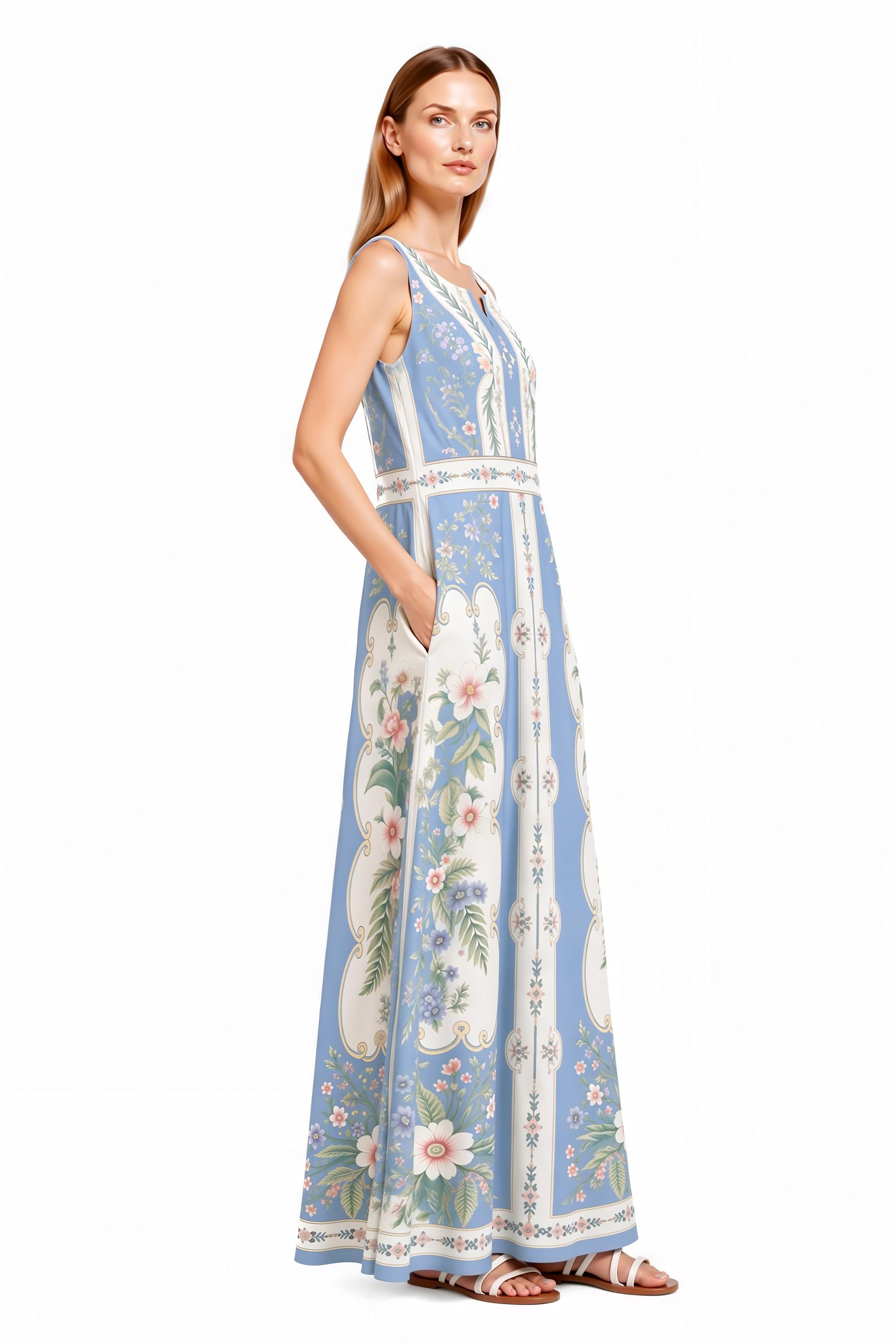 Blue Floral Maxi Dress, Sleeveless A-Line, Vintage Border Print, Resort Summer Garden