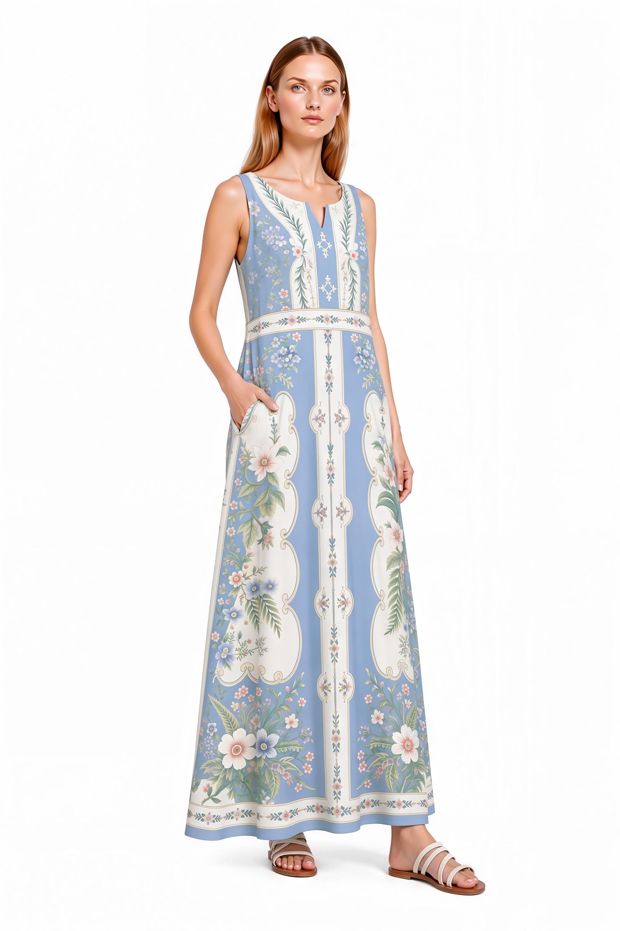 Blue Floral Maxi Dress, Sleeveless A-Line, Vintage Border Print, Resort Summer Garden