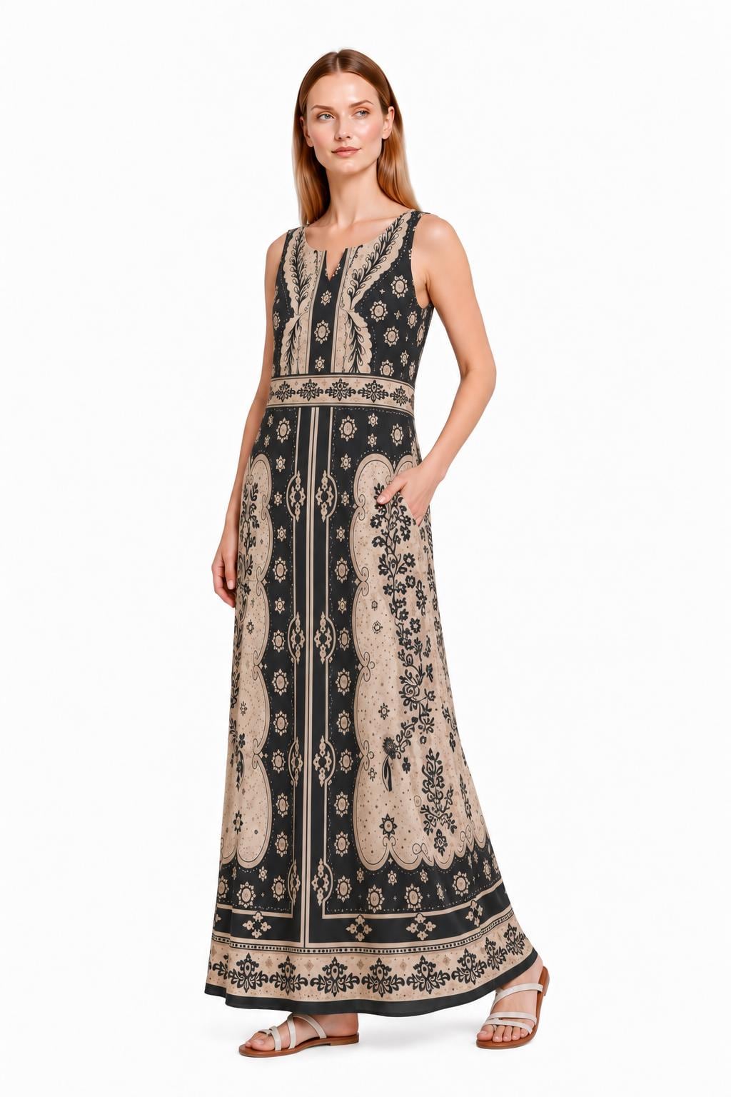 Black Ivory Maxi Dress, Sleeveless A-Line, Vintage Border Print, Resort Garden Party