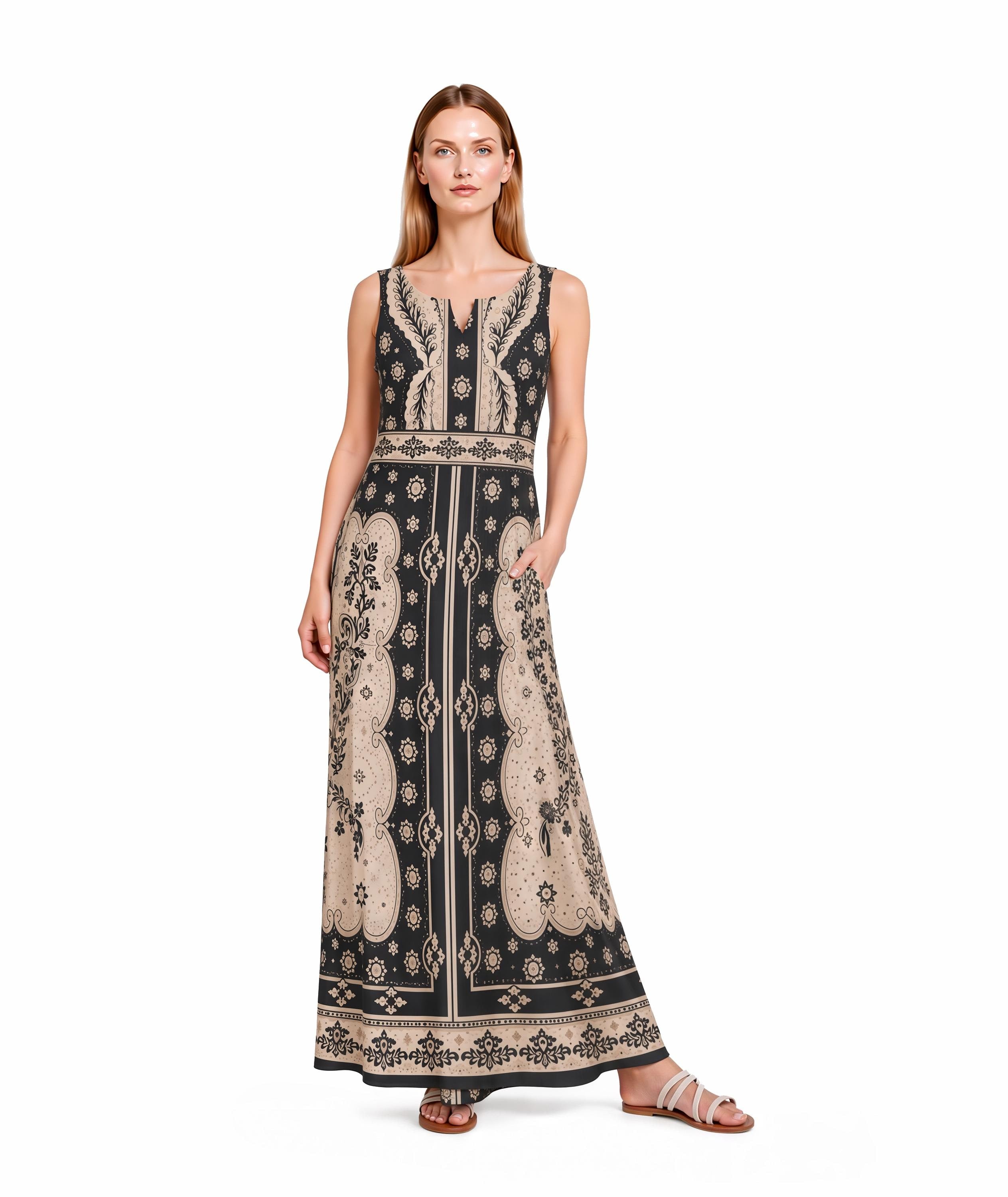 Black Ivory Maxi Dress, Sleeveless A-Line, Vintage Border Print, Resort Garden Party