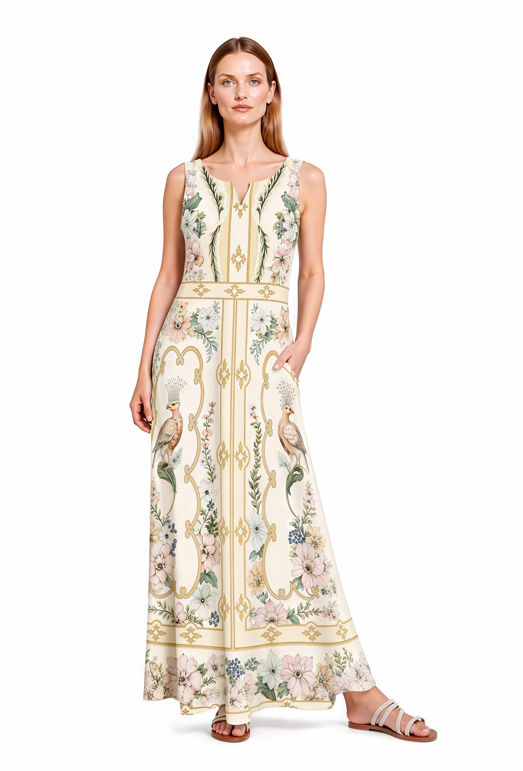 Ivory Floral Bird Maxi Dress, Sleeveless Vintage Border Print Resort Garden Party Dress