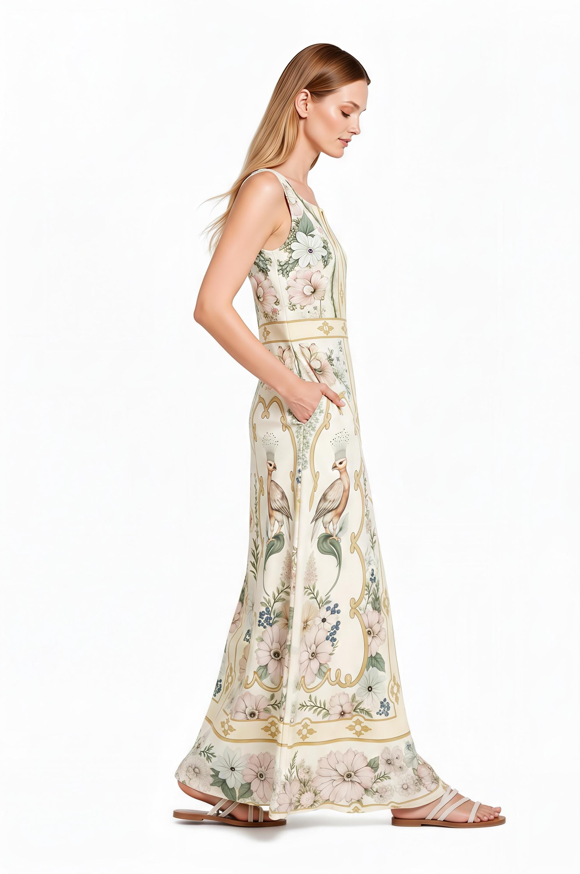 Ivory Floral Bird Maxi Dress, Sleeveless Vintage Border Print Resort Garden Party Dress